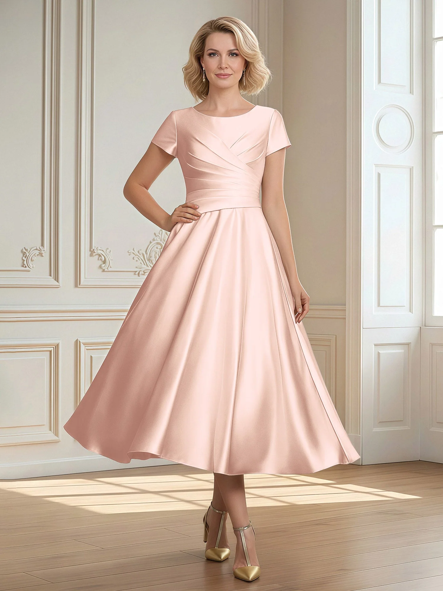 A-Linie Schaufel Satin Wadenlang Kleid mit Plissee Perlrosa