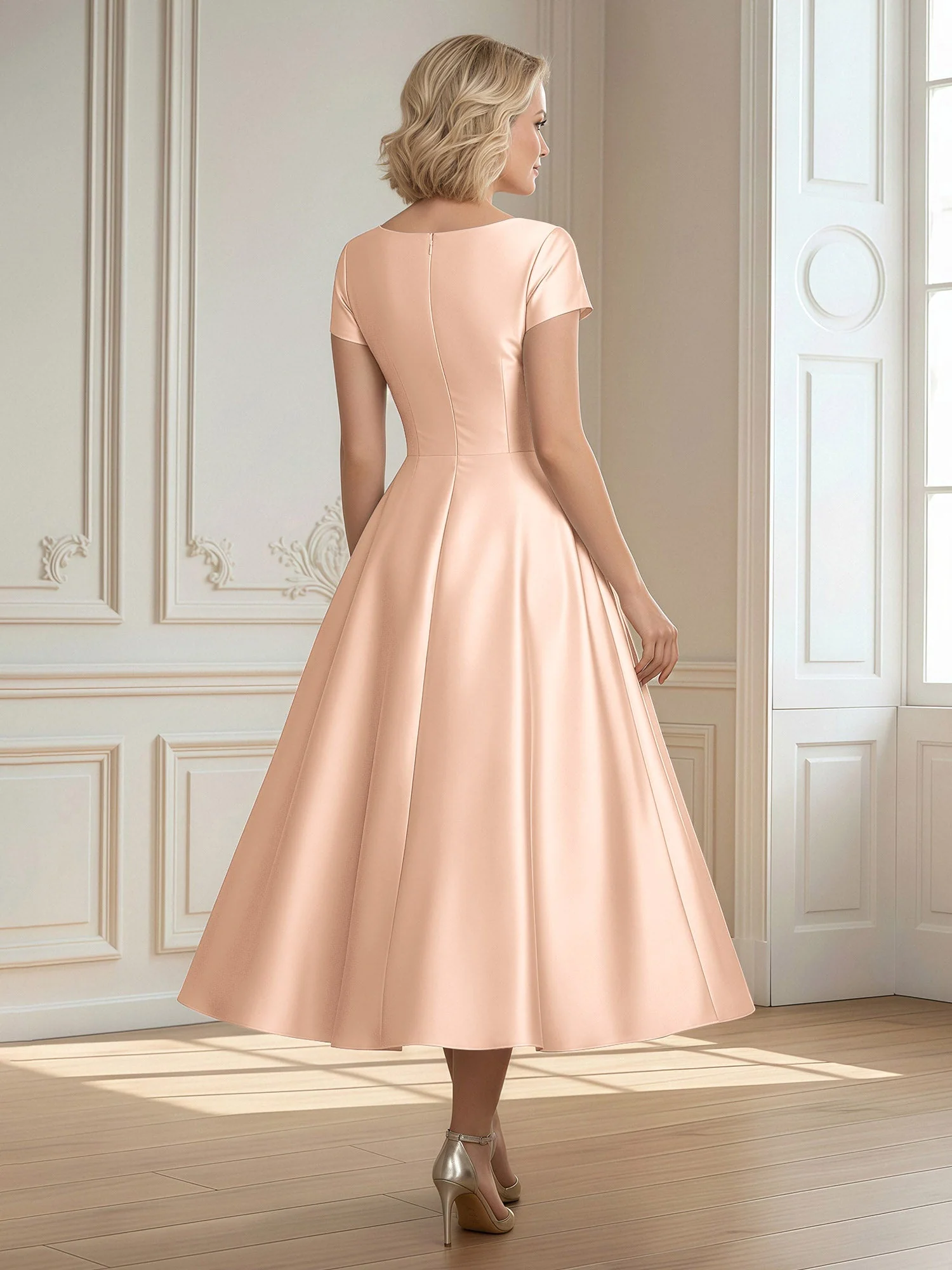 A-Linie Schaufel Satin Wadenlang Kleid mit Plissee Pfirsich - Image 2