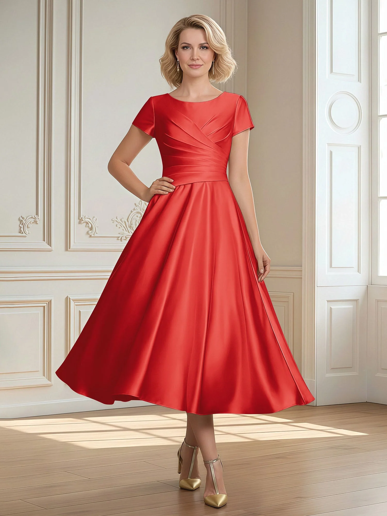 A-Linie Schaufel Satin Wadenlang Kleid mit Plissee Rot
