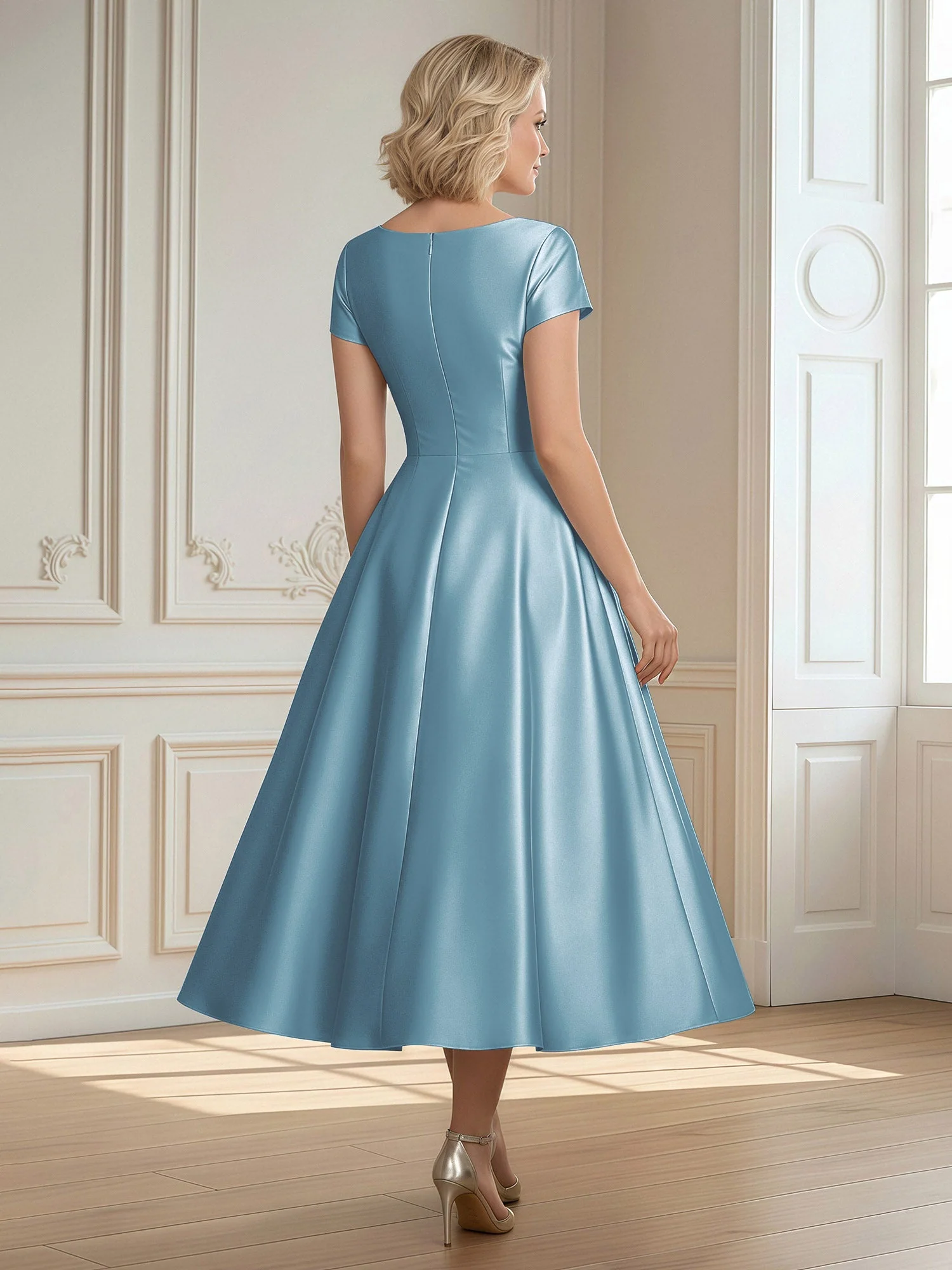 A-Linie Schaufel Satin Wadenlang Kleid mit Plissee Schiefer Blau - Image 2