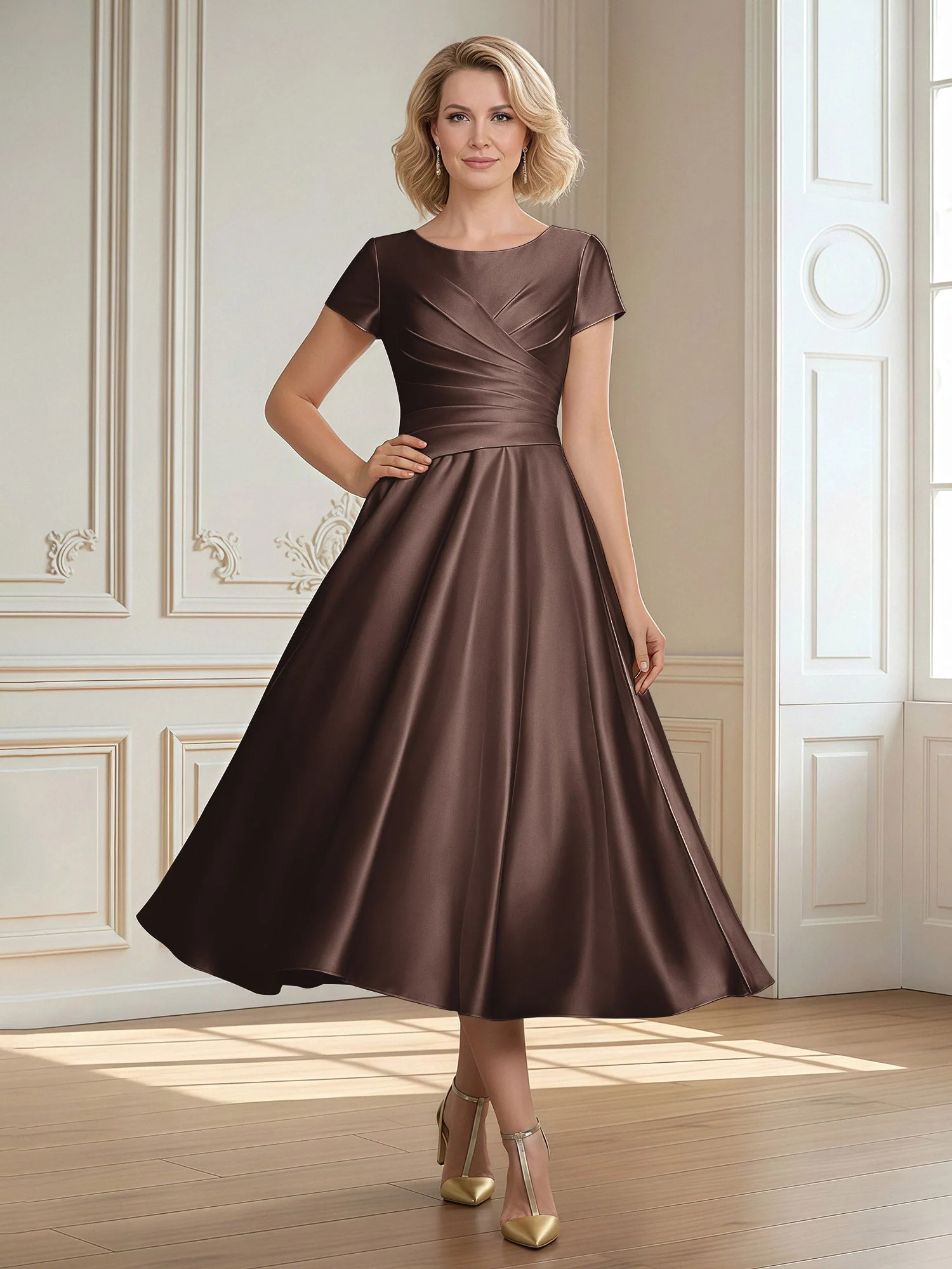 A-Linie Schaufel Satin Wadenlang Kleid mit Plissee Schokolade