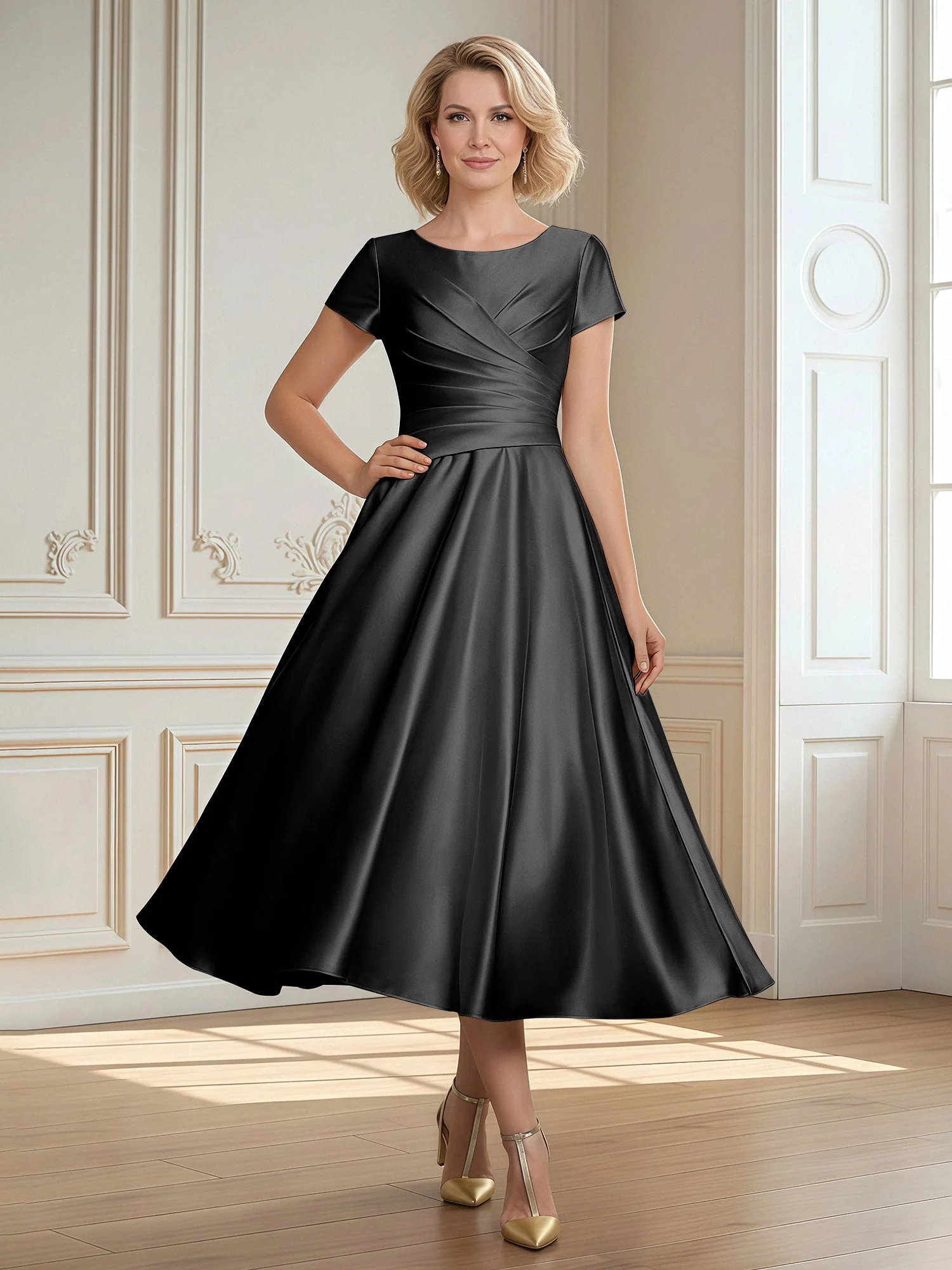 A-Linie Schaufel Satin Wadenlang Kleid mit Plissee Schwarz