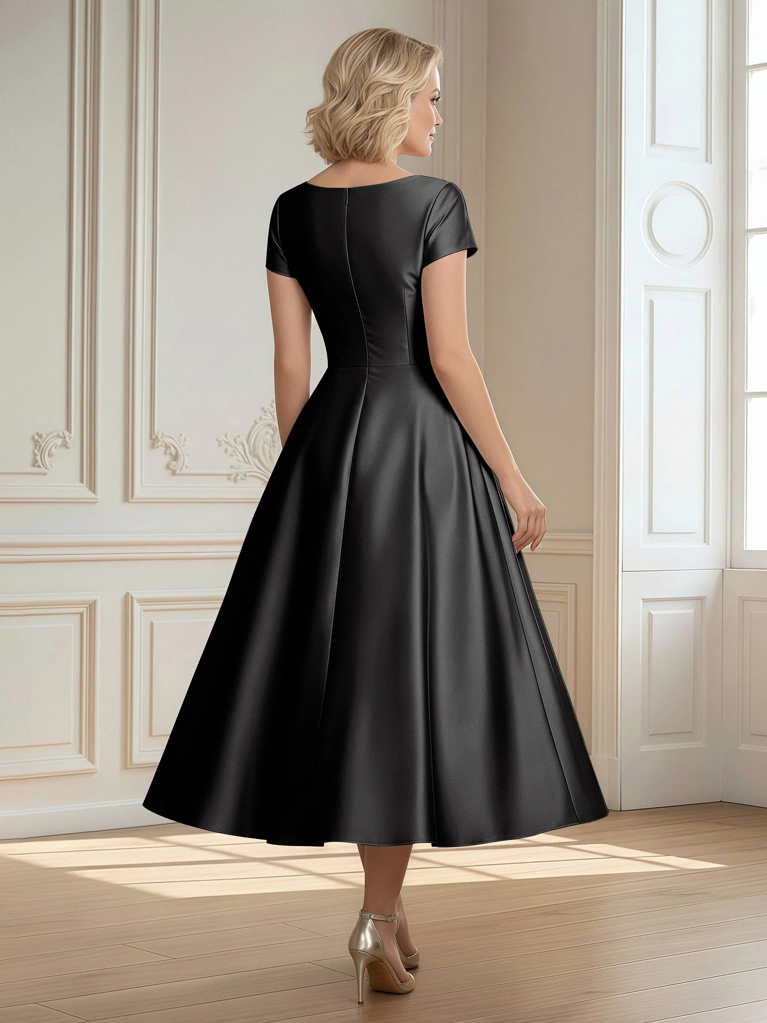 A-Linie Schaufel Satin Wadenlang Kleid mit Plissee Schwarz - Image 2