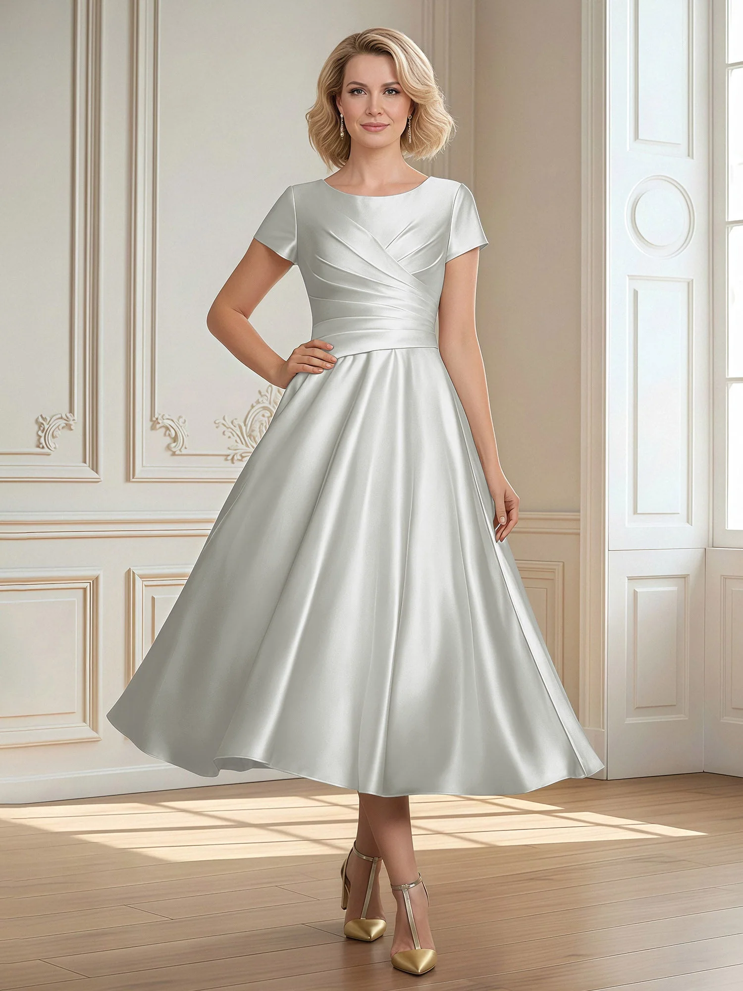 A-Linie Schaufel Satin Wadenlang Kleid mit Plissee Silber
