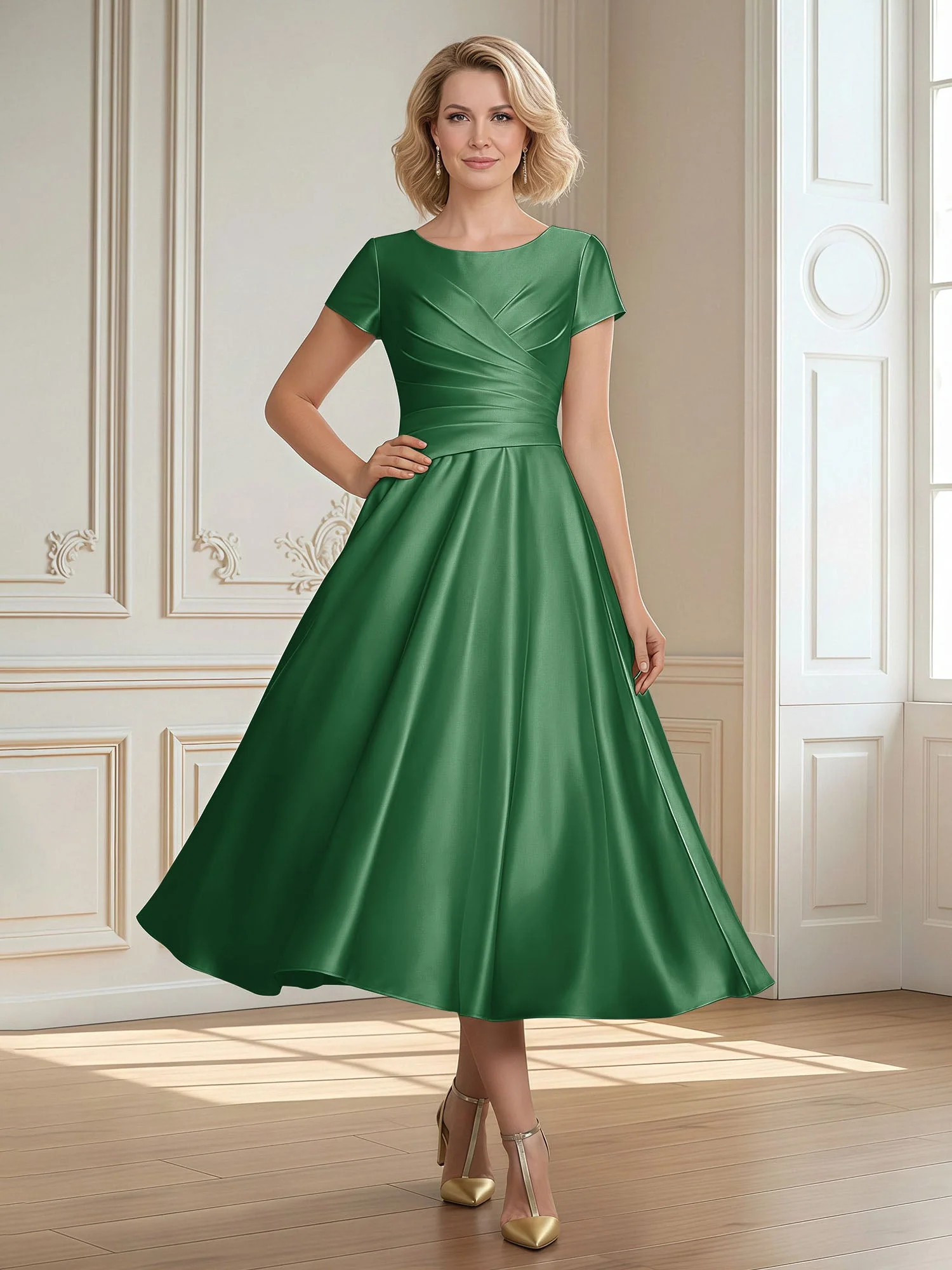 A-Linie Schaufel Satin Wadenlang Kleid mit Plissee Smaragd