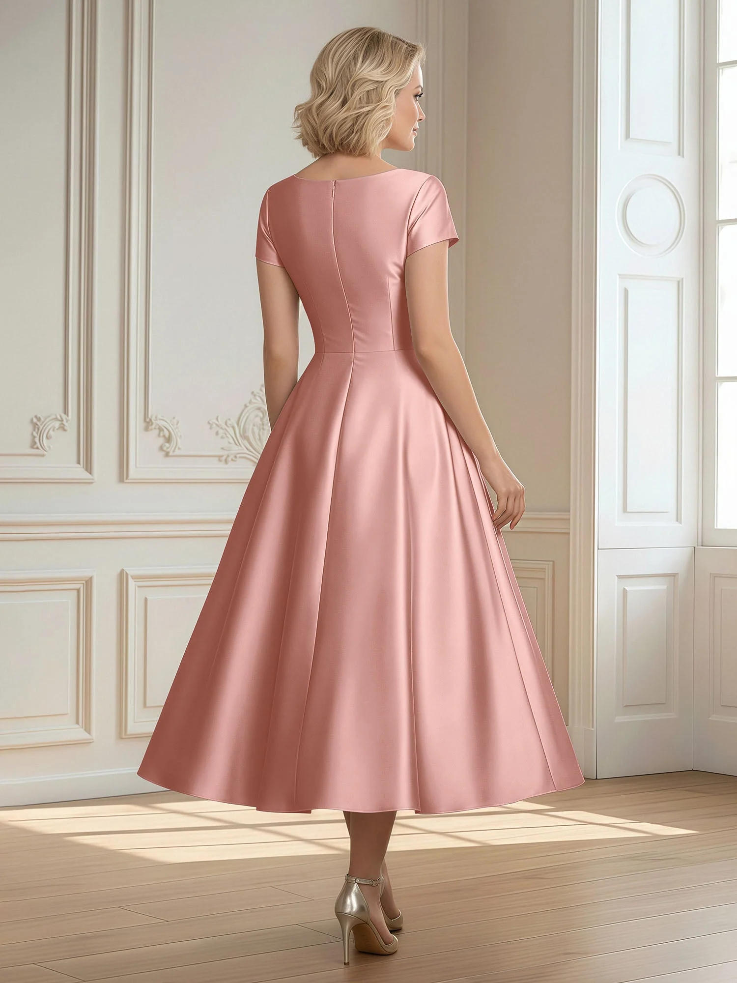 A-Linie Schaufel Satin Wadenlang Kleid mit Plissee Staubige Rosa - Image 2