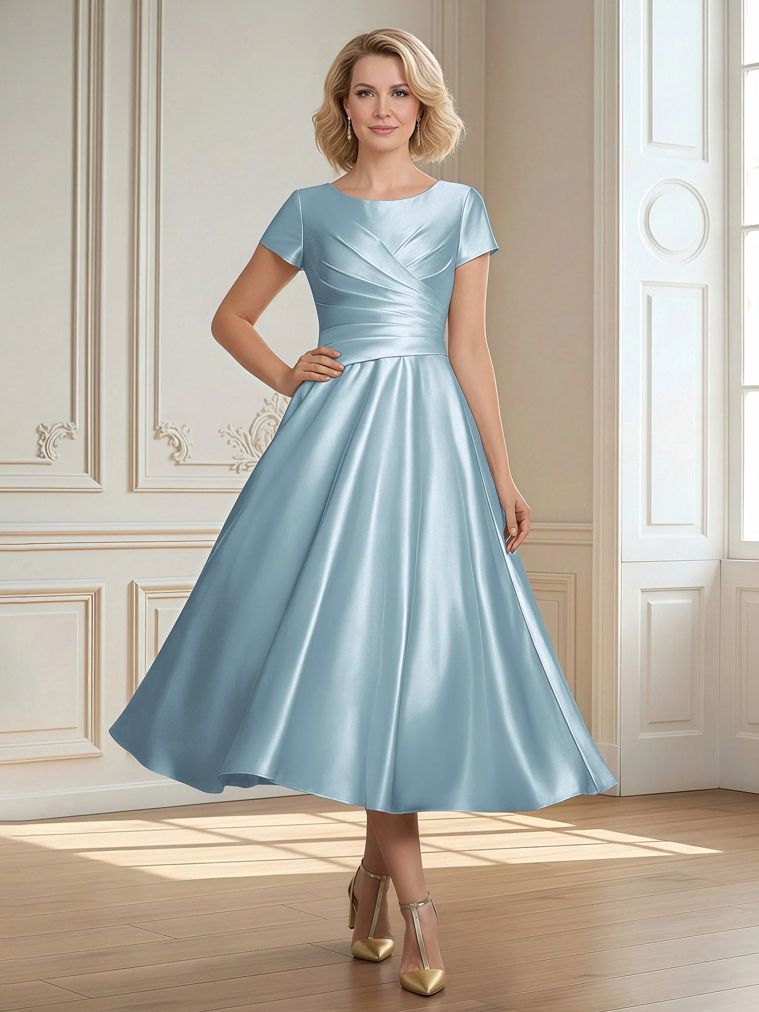 A-Linie Schaufel Satin Wadenlang Kleid mit Plissee Staubiges Blau