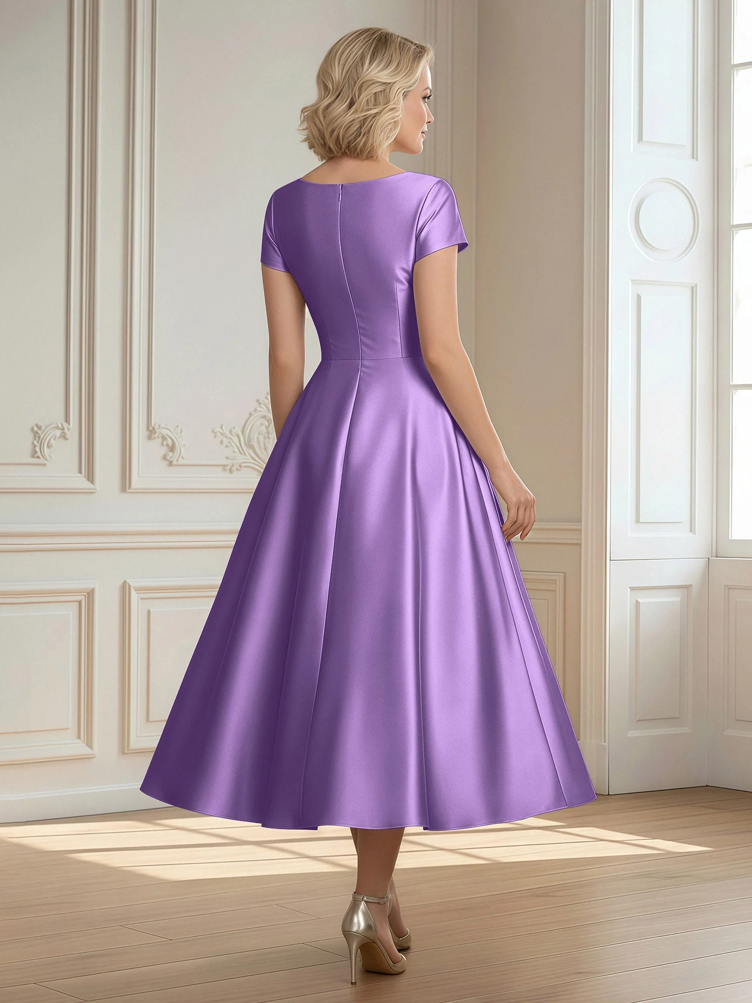 A-Linie Schaufel Satin Wadenlang Kleid mit Plissee Tahiti - Image 2