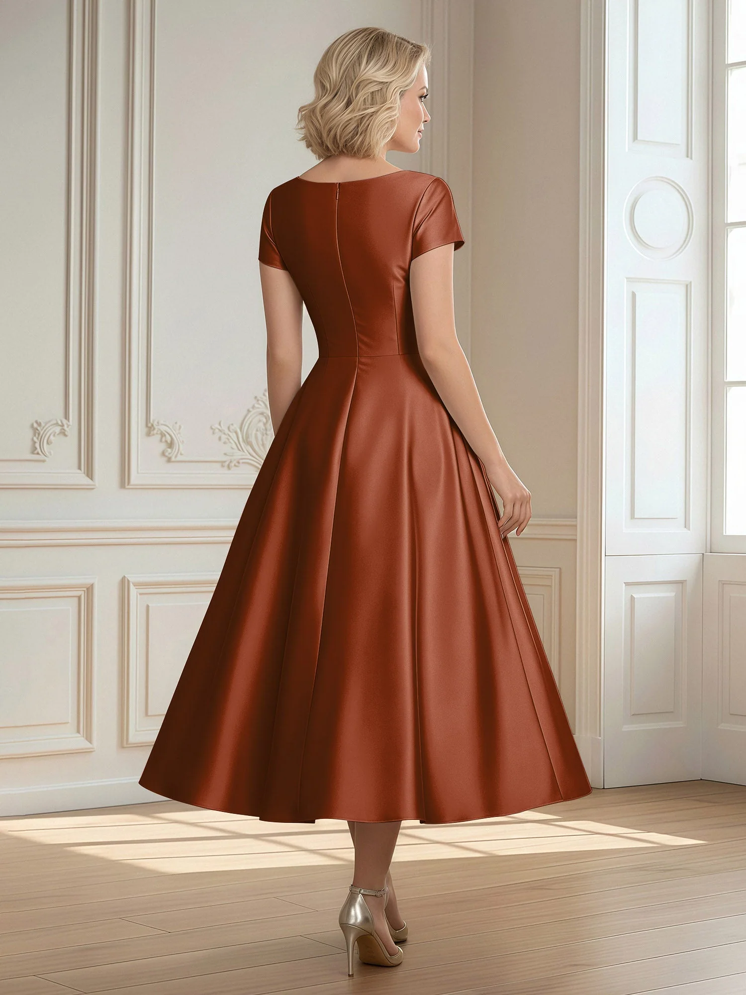 A-Linie Schaufel Satin Wadenlang Kleid mit Plissee Terrakotta - Image 2