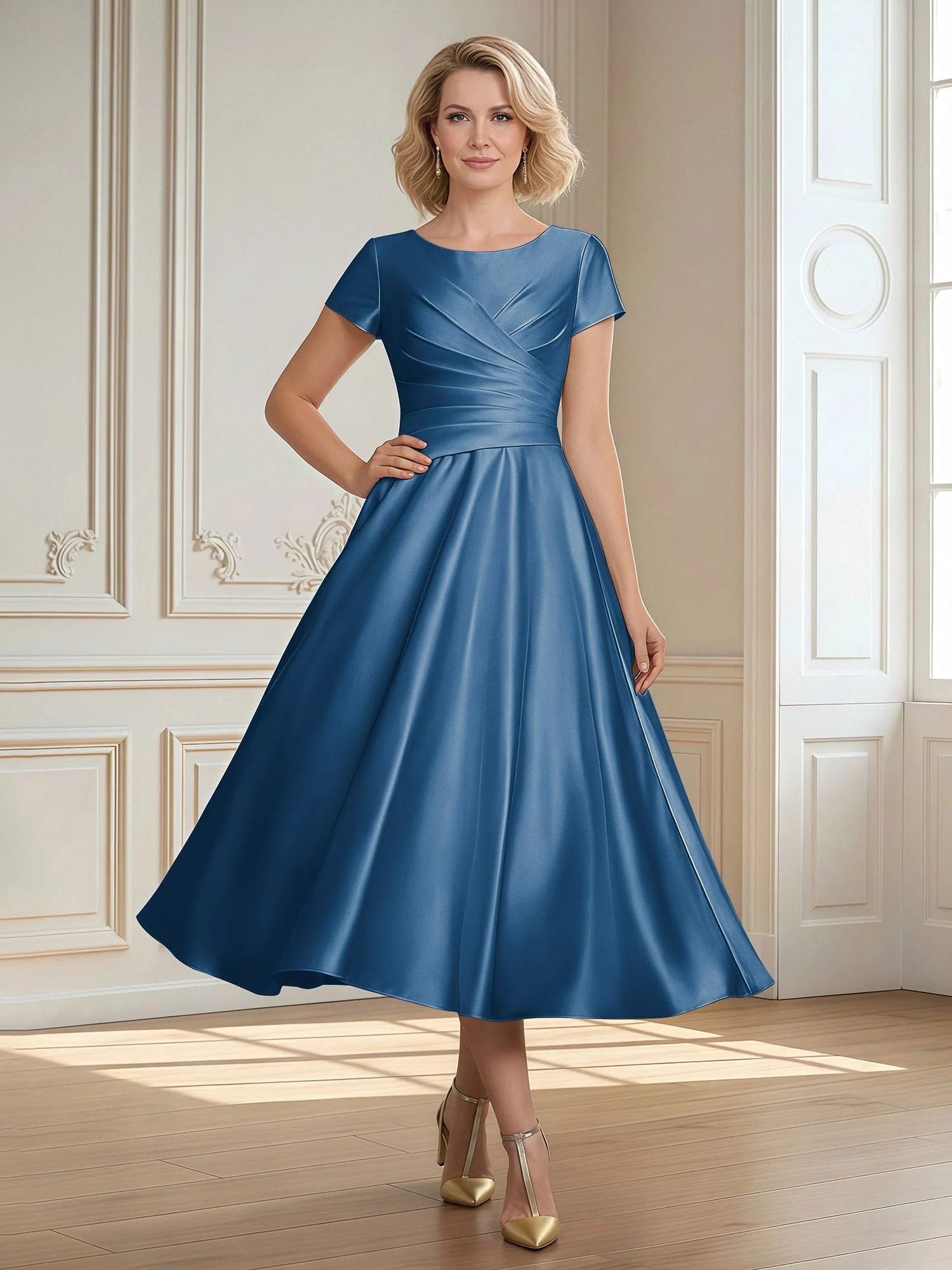A-Linie Schaufel Satin Wadenlang Kleid mit Plissee Tinte Blau