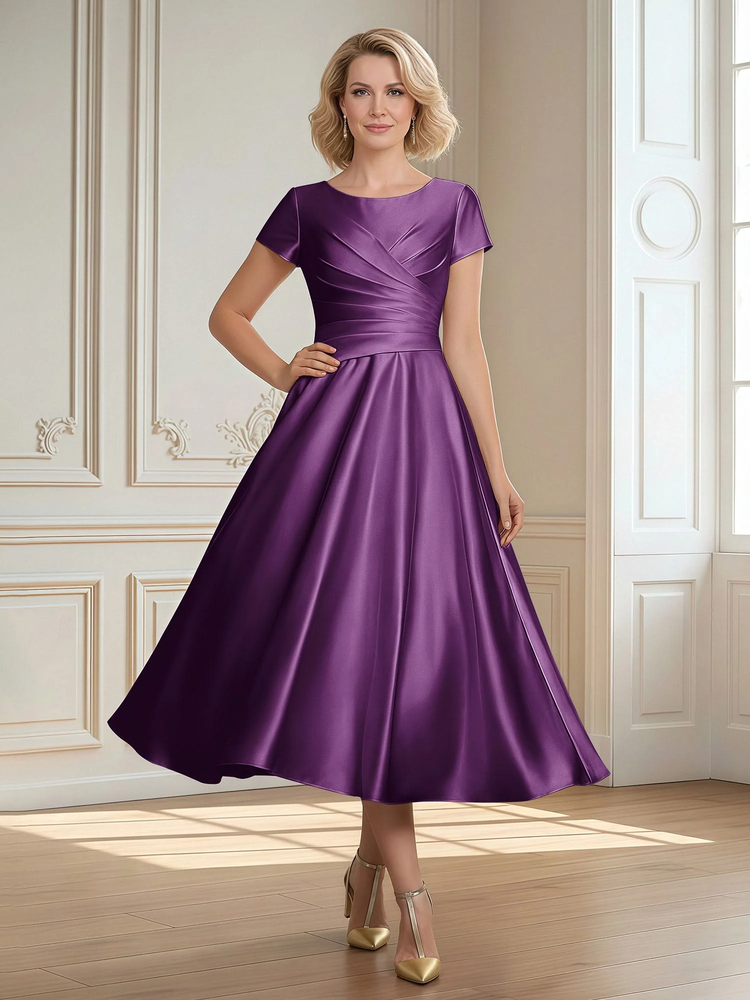 A-Linie Schaufel Satin Wadenlang Kleid mit Plissee Traube