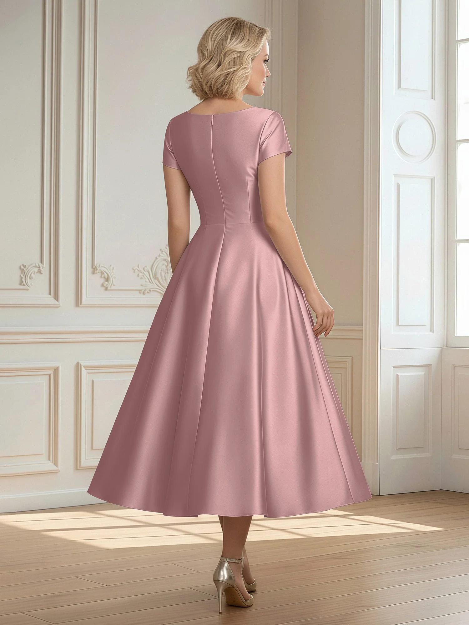 A-Linie Schaufel Satin Wadenlang Kleid mit Plissee Vintage Mauve - Image 2
