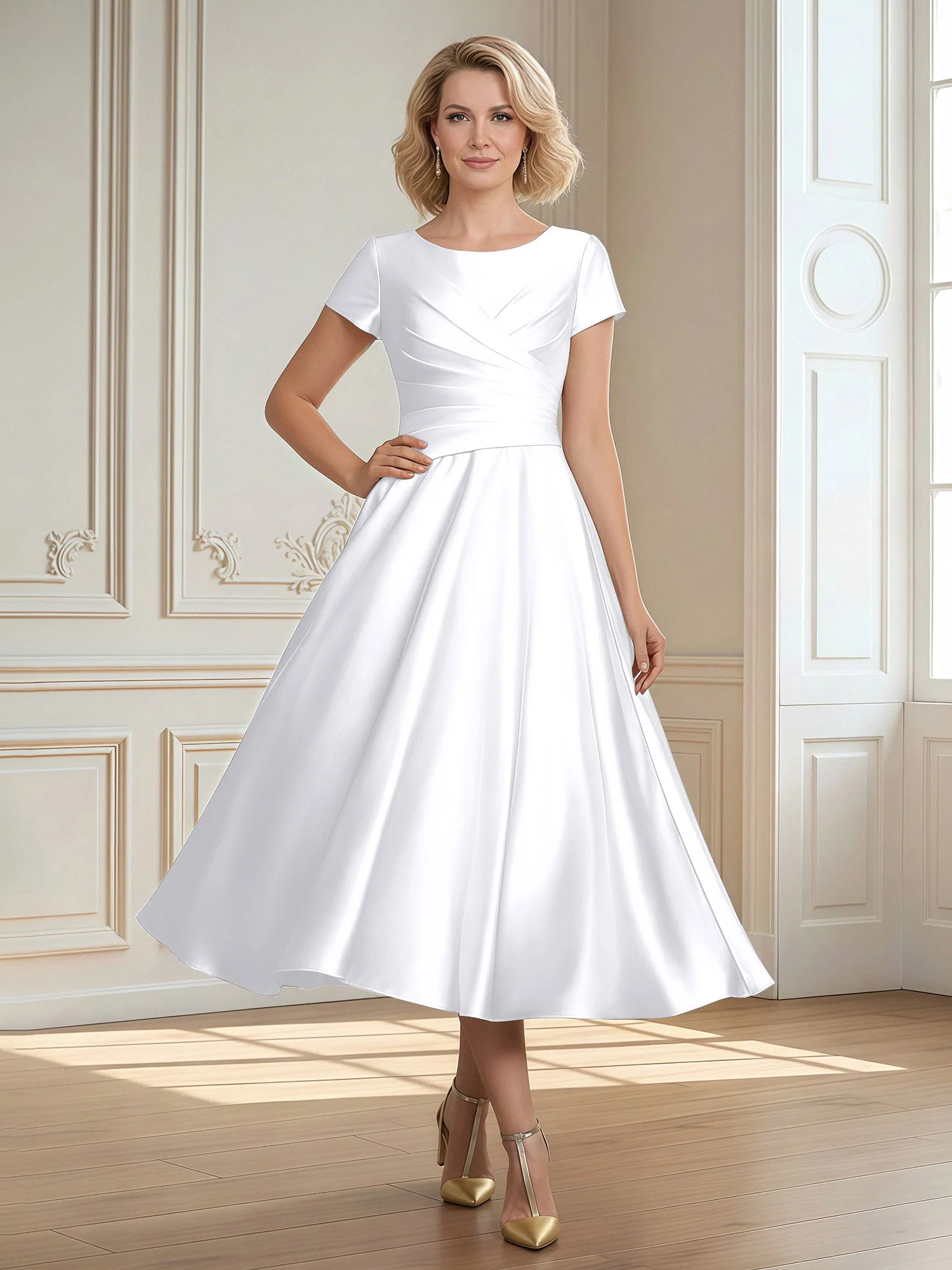 A-Linie Schaufel Satin Wadenlang Kleid mit Plissee Weiß