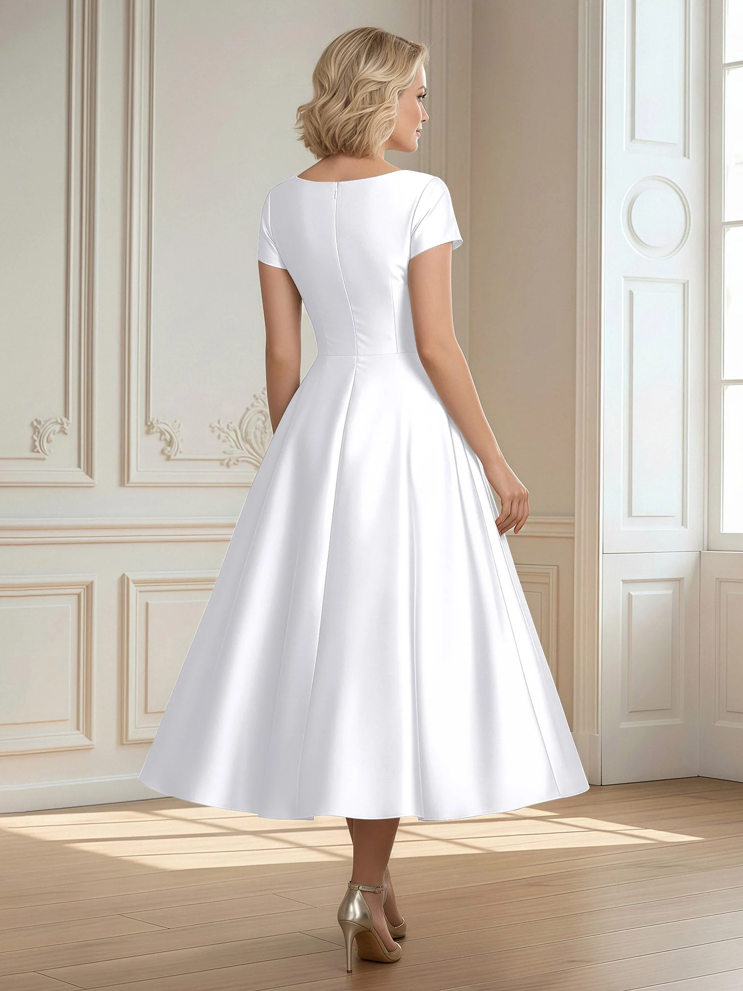 A-Linie Schaufel Satin Wadenlang Kleid mit Plissee Weiß - Image 2