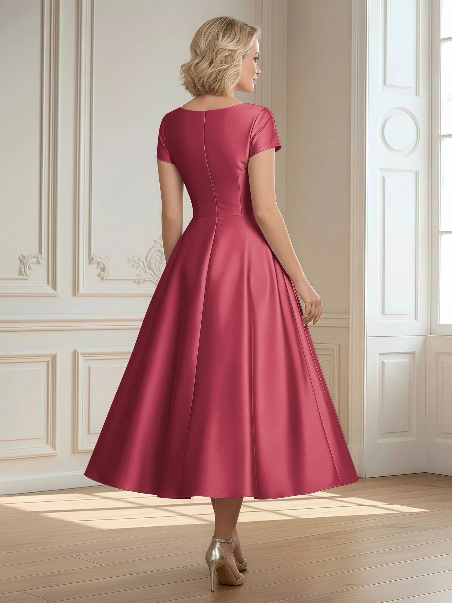 A-Linie Schaufel Satin Wadenlang Kleid mit Plissee Zimtrose - Image 2