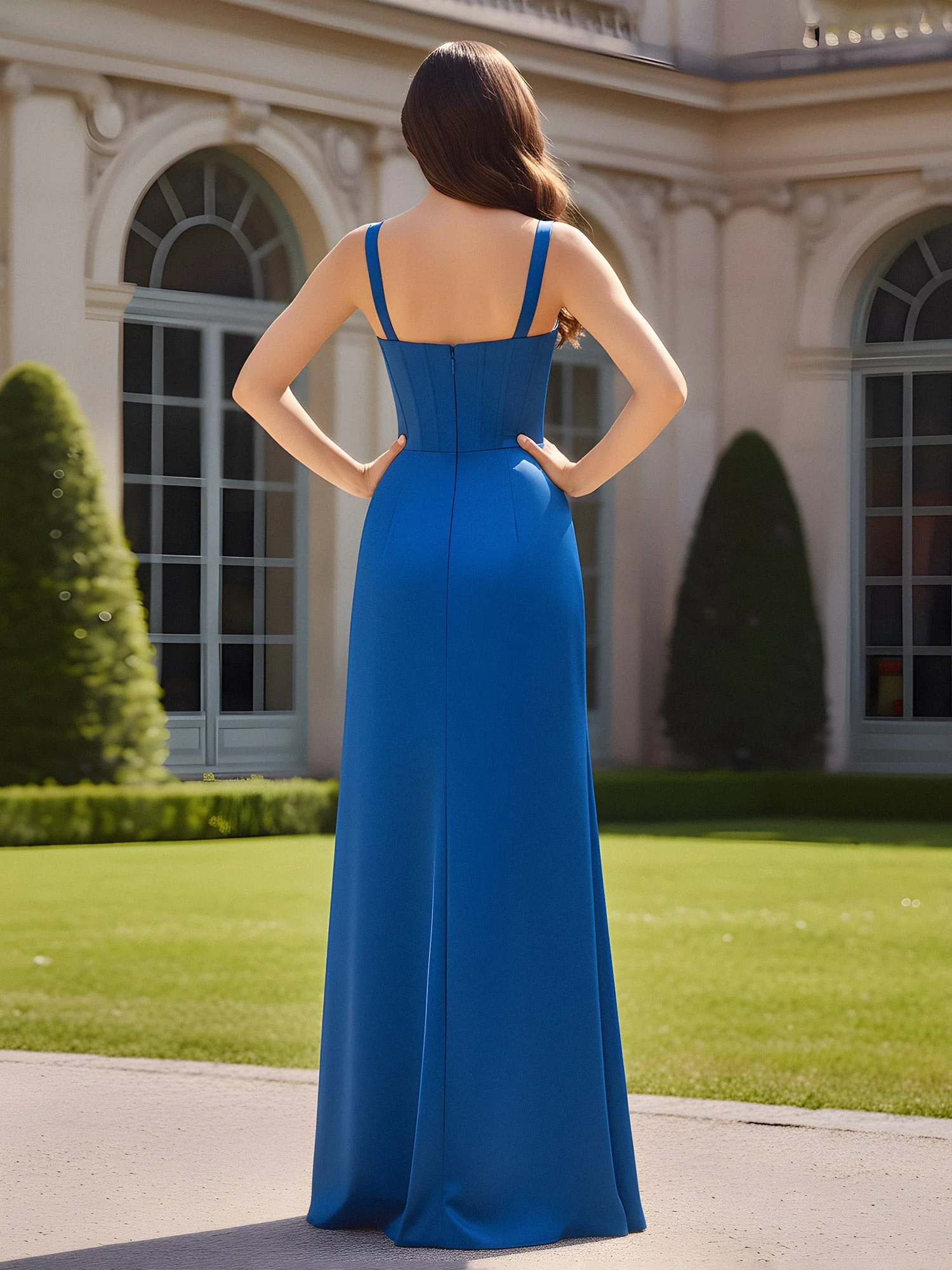 Herzform Ausschnitt Plissee Etui Kleid mit Schlitz Pfirsich - Image 2