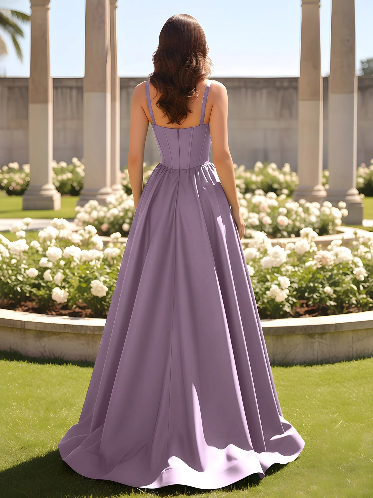 Herzform Cutout A-Linie Gerafft Kleid mit Schlitz Blauregen - Image 2