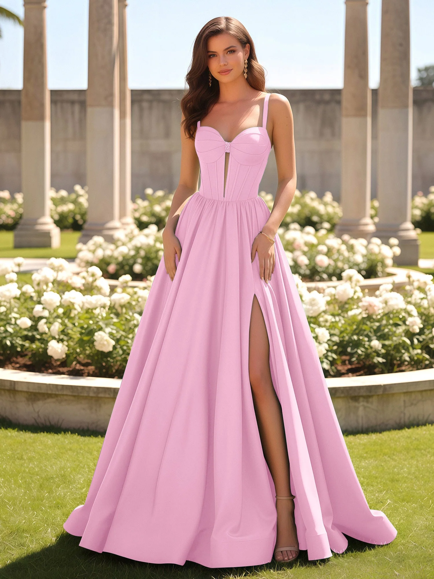 Herzform Cutout A-Linie Gerafft Kleid mit Schlitz Bonbonrosa