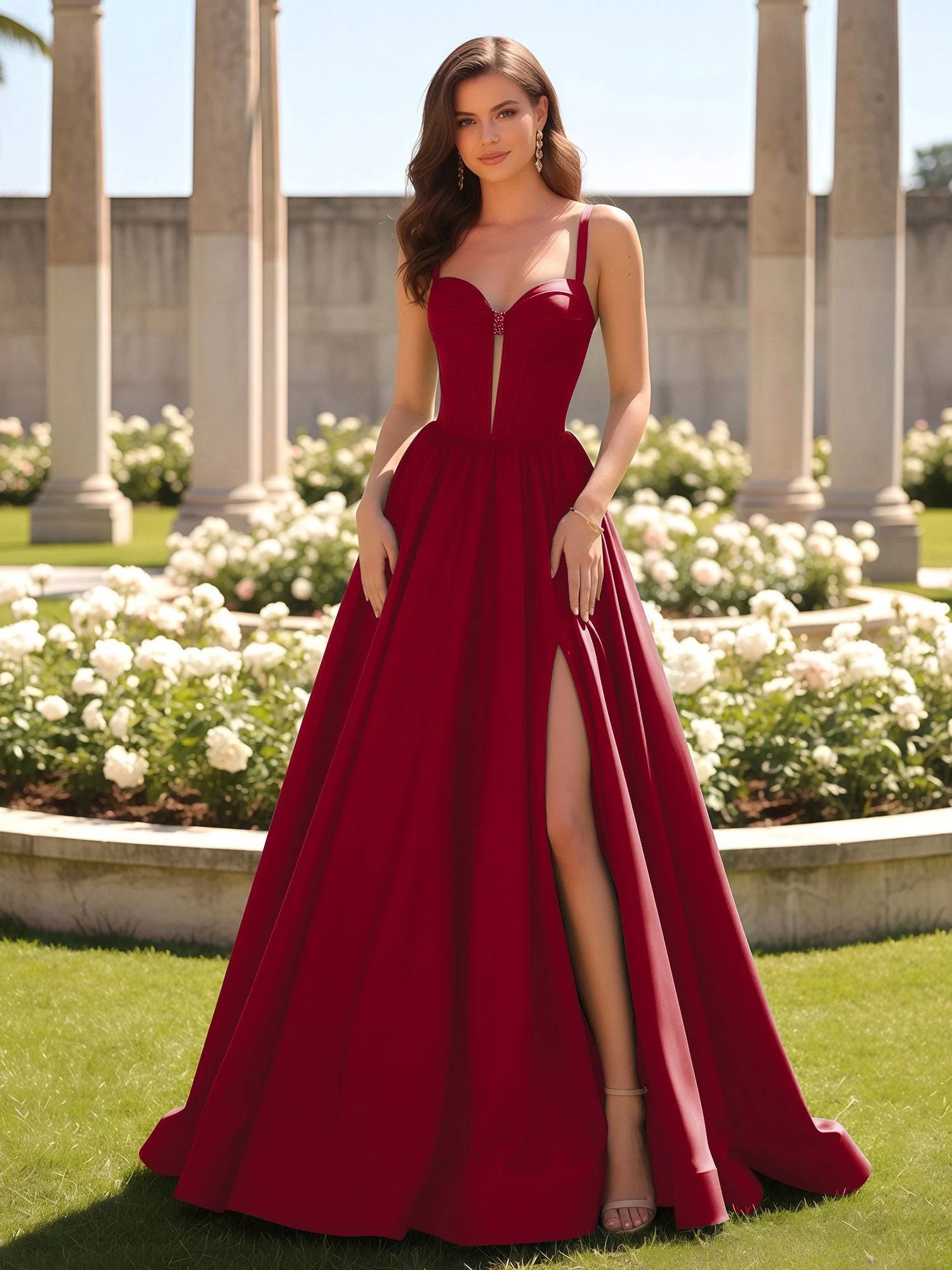 Herzform Cutout A-Linie Gerafft Kleid mit Schlitz Burgunderrot