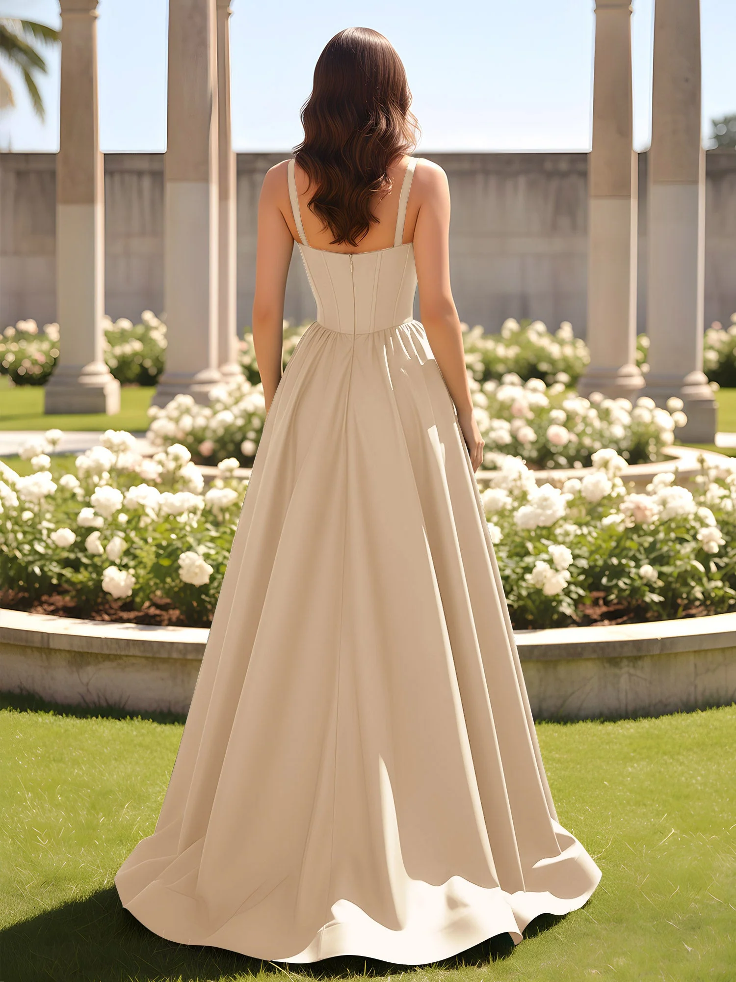 Herzform Cutout A-Linie Gerafft Kleid mit Schlitz Champagner - Image 2