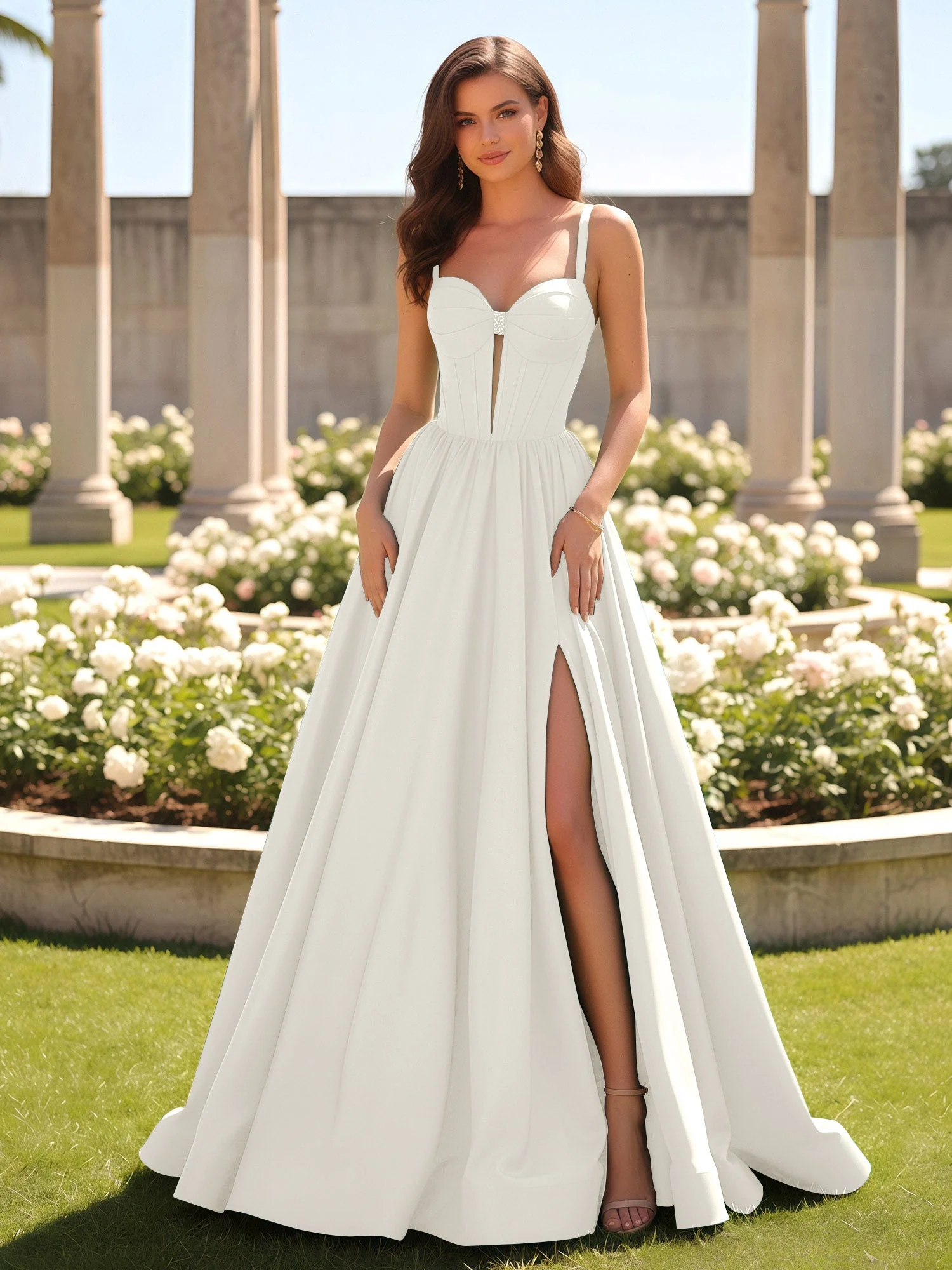 Herzform Cutout A-Linie Gerafft Kleid mit Schlitz Elfenbein