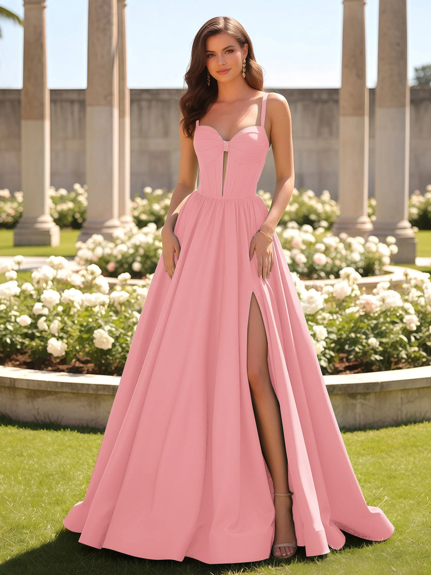 Herzform Cutout A-Linie Gerafft Kleid mit Schlitz Flamingo