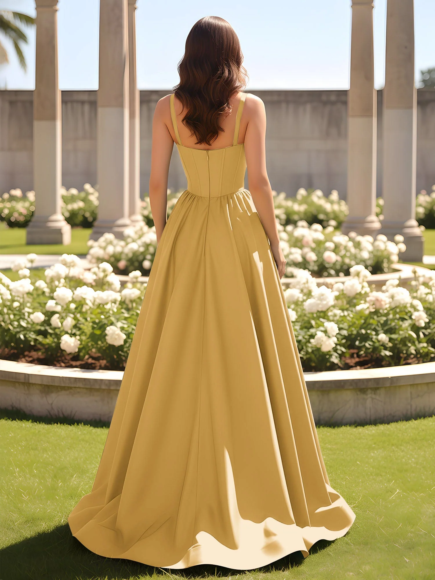 Herzform Cutout A-Linie Gerafft Kleid mit Schlitz Gold - Image 2