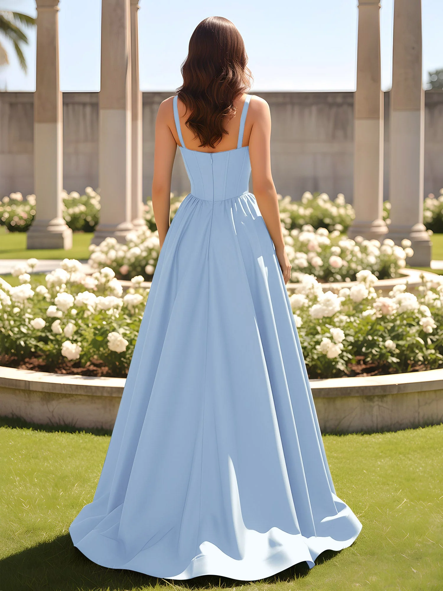 Herzform Cutout A-Linie Gerafft Kleid mit Schlitz Himmelblau - Image 2