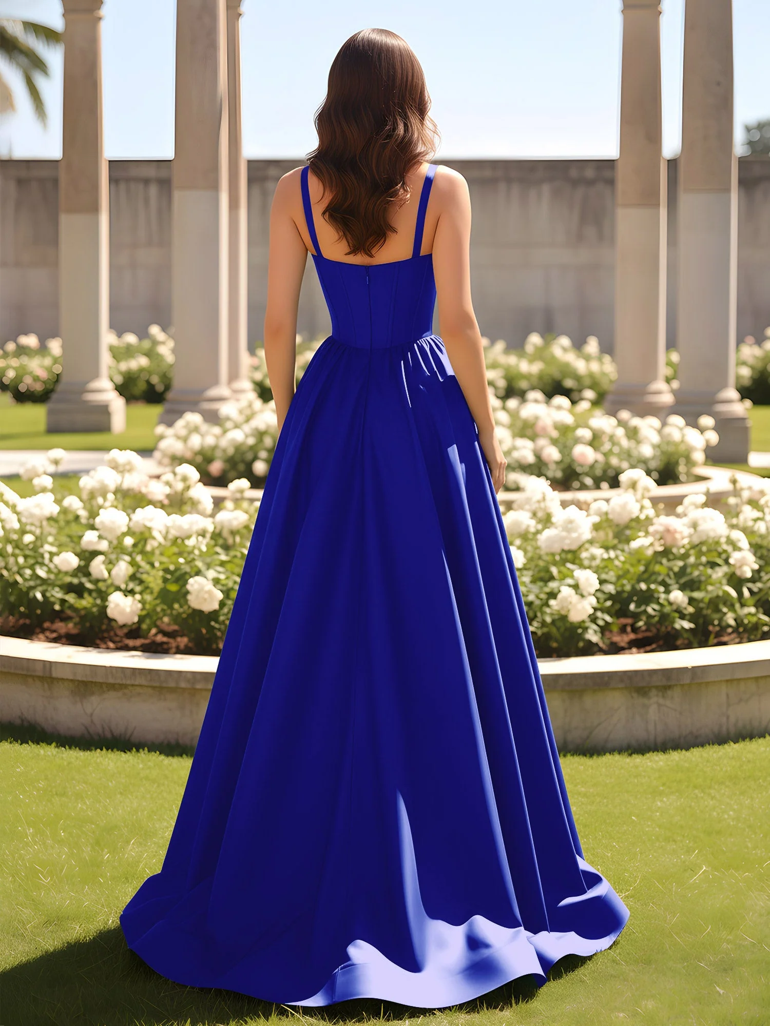 Herzform Cutout A-Linie Gerafft Kleid mit Schlitz Königsblau - Image 2