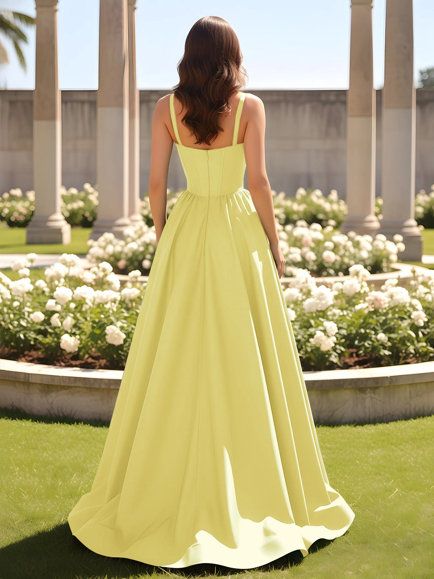 Herzform Cutout A-Linie Gerafft Kleid mit Schlitz Narzisse - Image 2