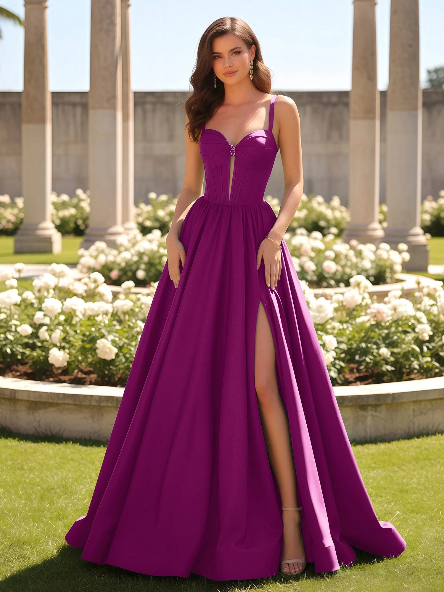 Herzform Cutout A-Linie Gerafft Kleid mit Schlitz Orchidee