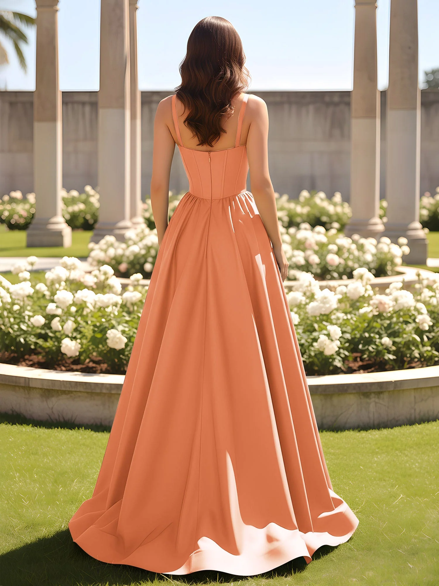 Herzform Cutout A-Linie Gerafft Kleid mit Schlitz Papaya - Image 2