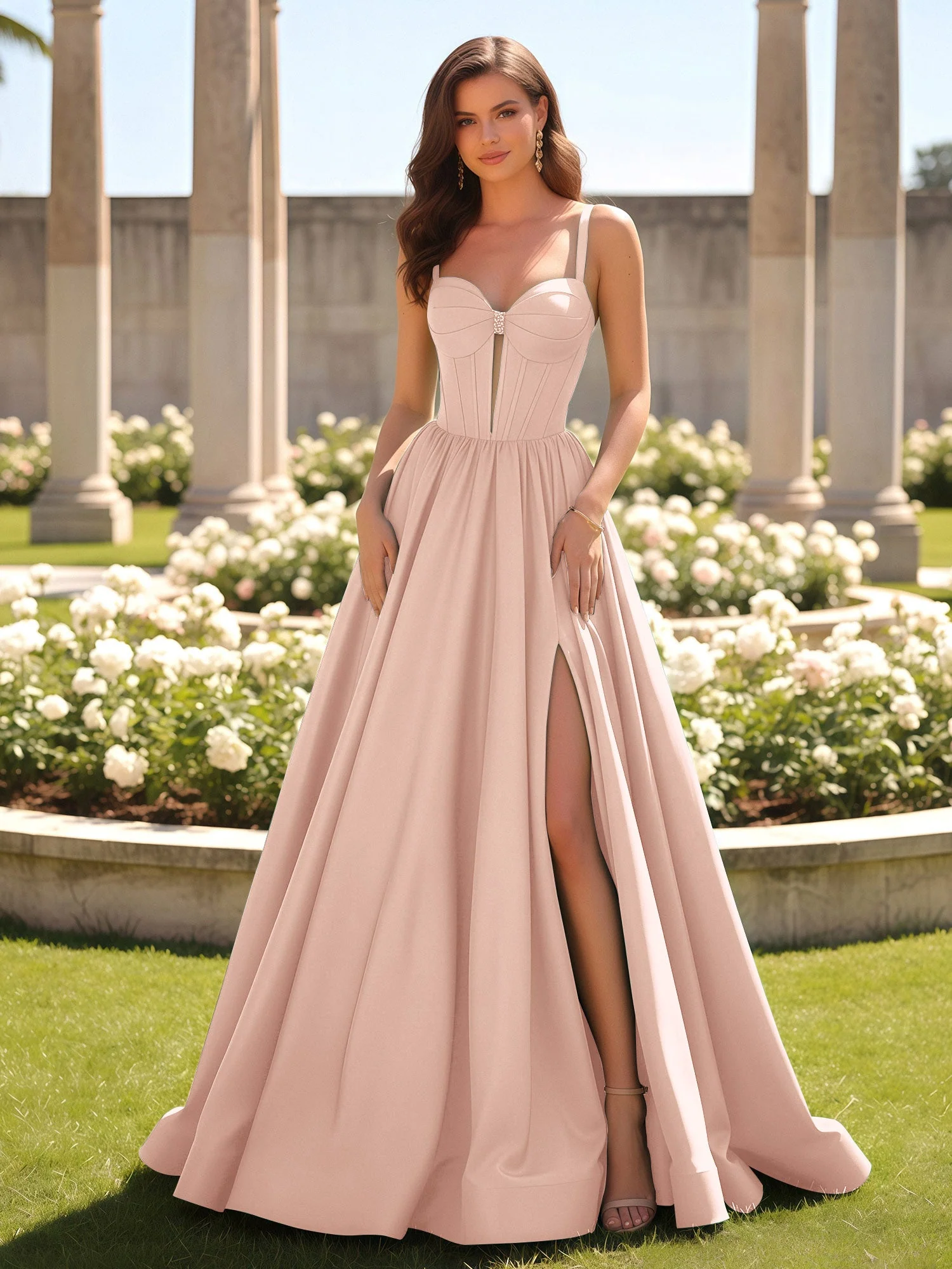 Herzform Cutout A-Linie Gerafft Kleid mit Schlitz Perlrosa
