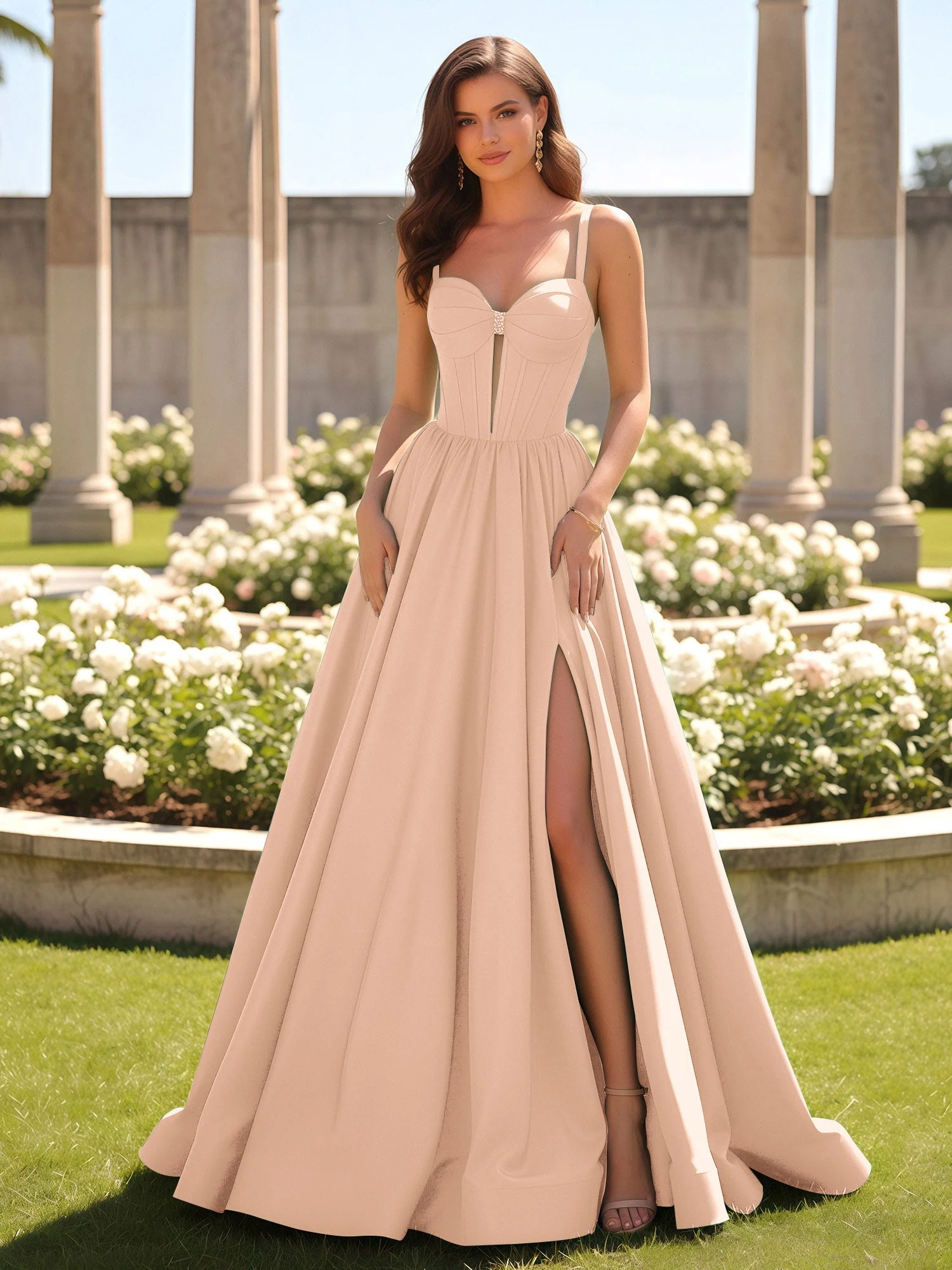Herzform Cutout A-Linie Gerafft Kleid mit Schlitz Pfirsich