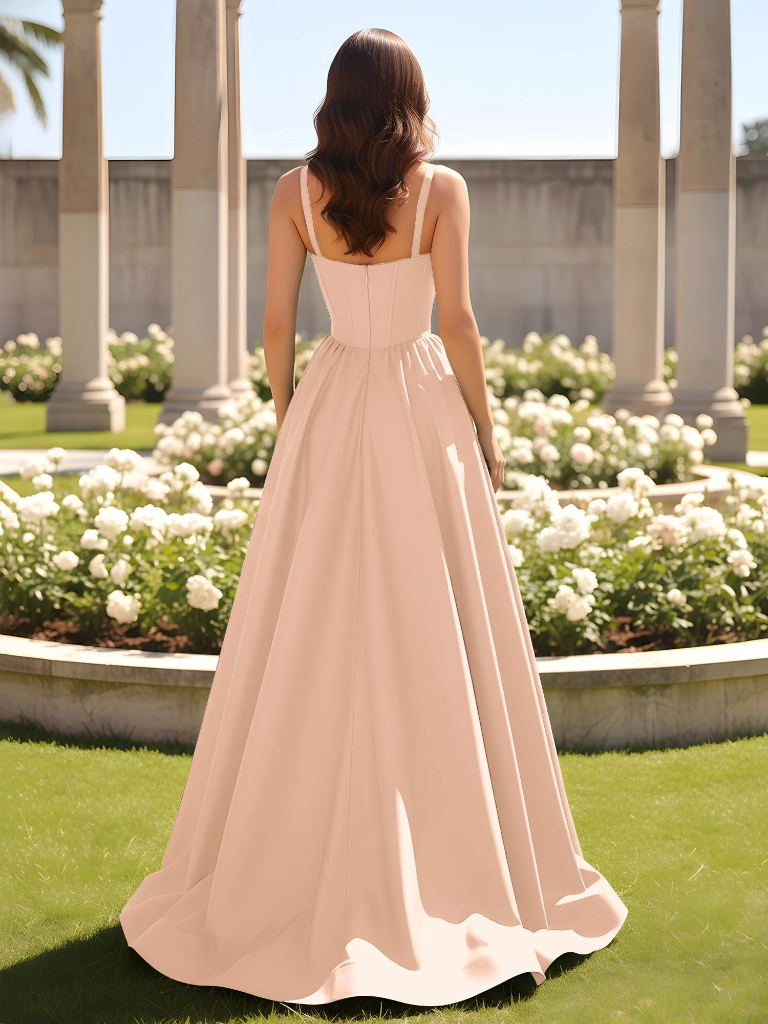 Herzform Cutout A-Linie Gerafft Kleid mit Schlitz Pfirsich - Image 2