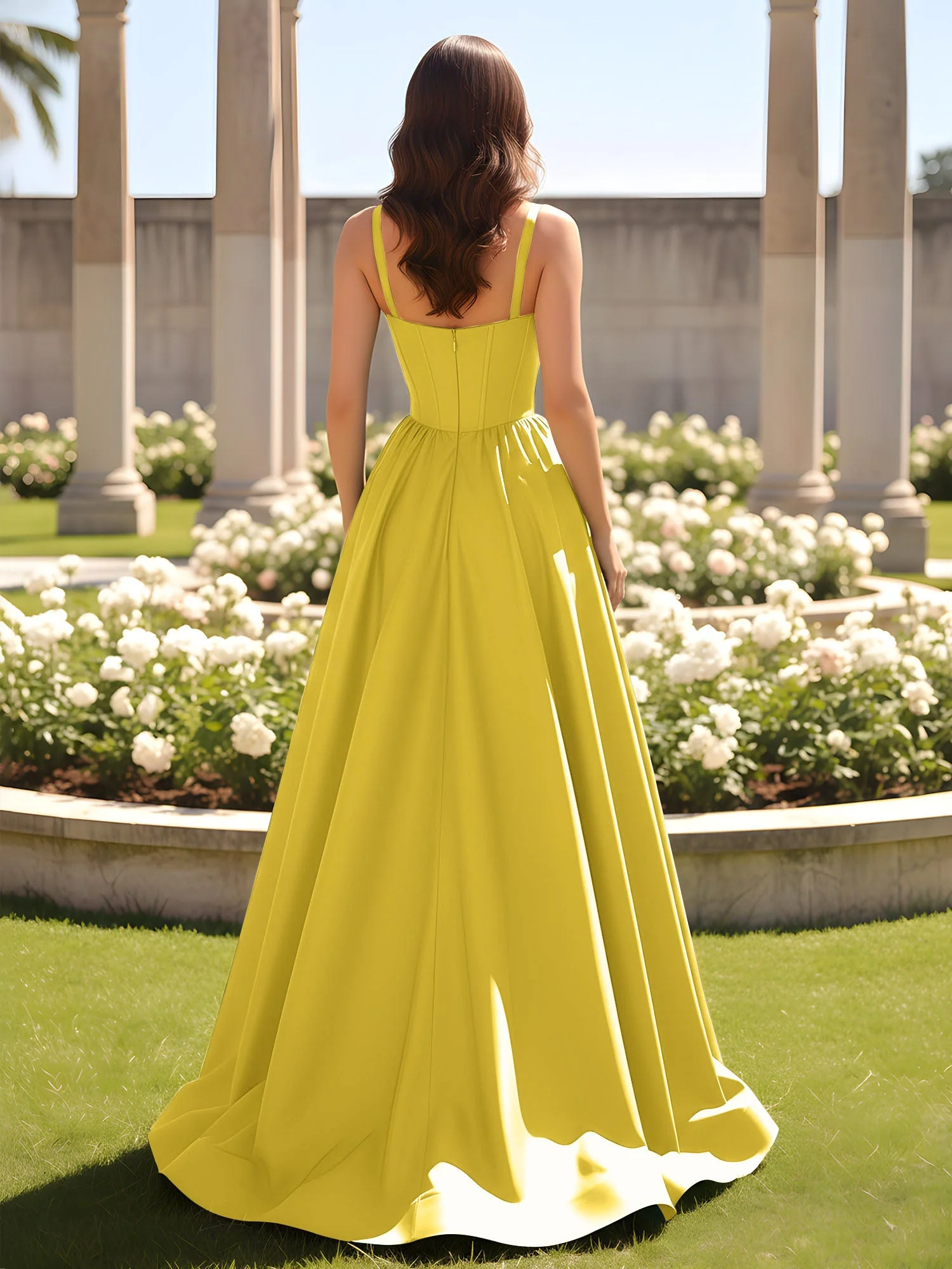 Herzform Cutout A-Linie Gerafft Kleid mit Schlitz Ringelblume - Image 2