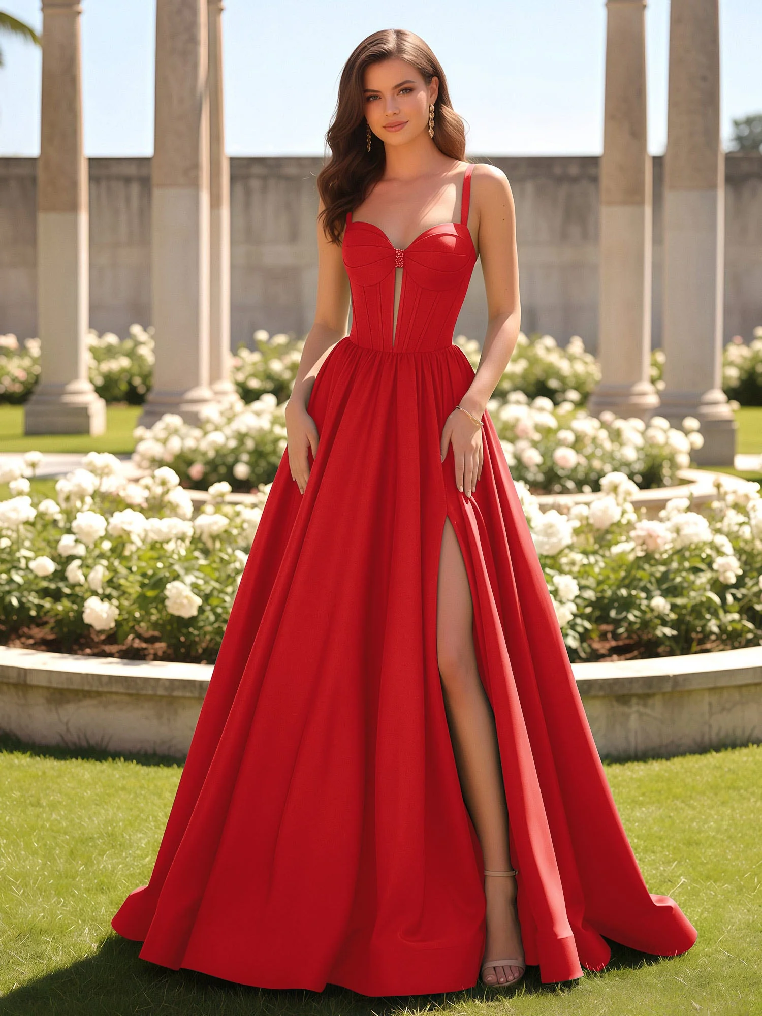 Herzform Cutout A-Linie Gerafft Kleid mit Schlitz Rot