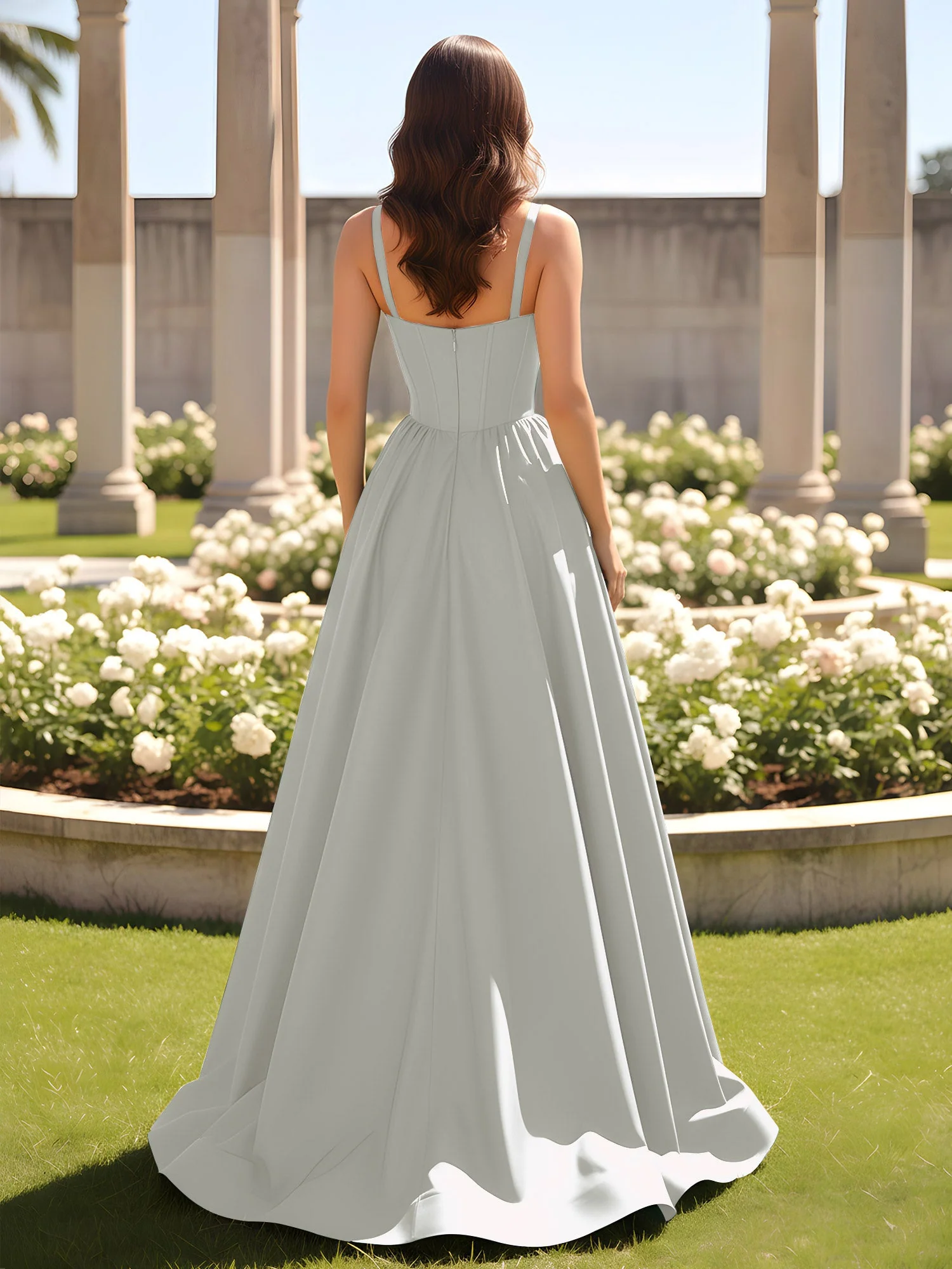 Herzform Cutout A-Linie Gerafft Kleid mit Schlitz Silber - Image 2