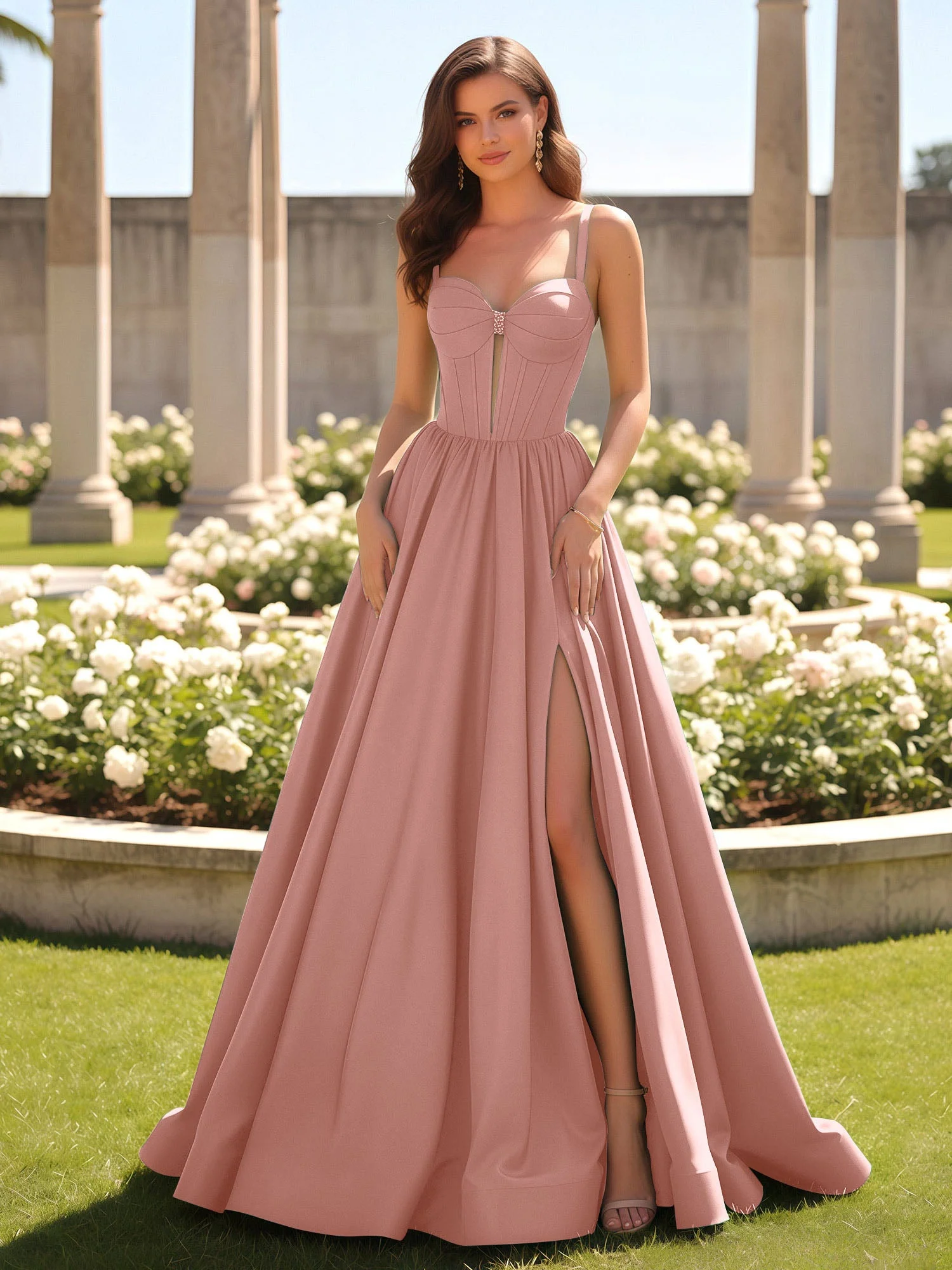 Herzform Cutout A-Linie Gerafft Kleid mit Schlitz Staubige Rosa