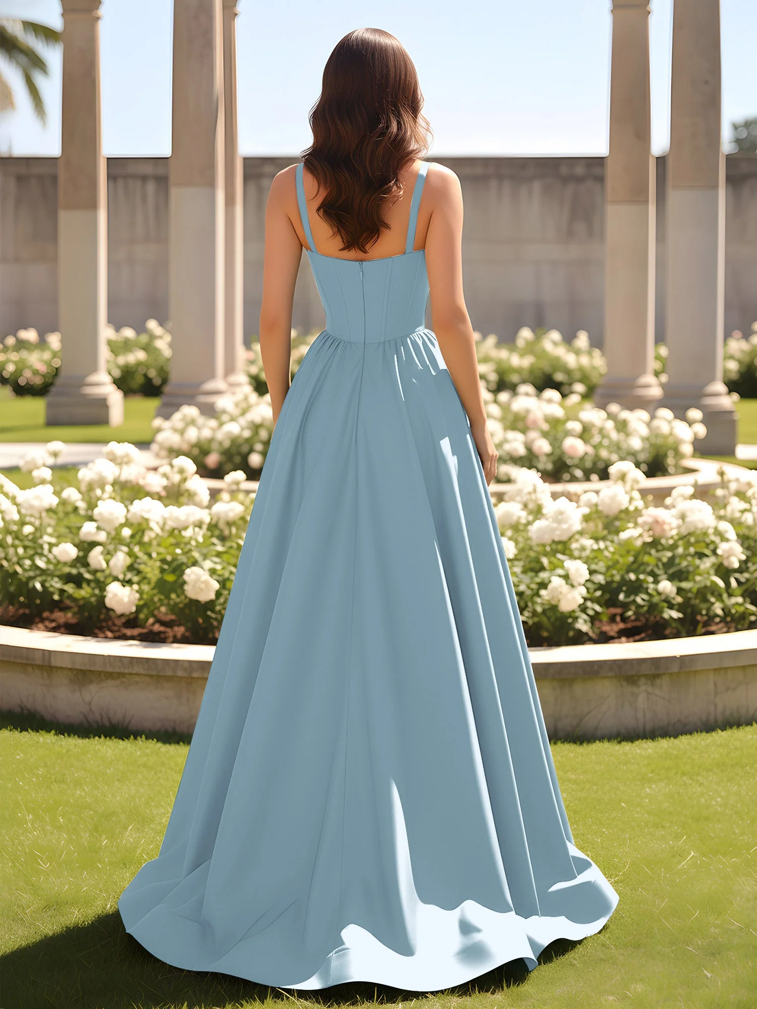 Herzform Cutout A-Linie Gerafft Kleid mit Schlitz Staubiges Blau - Image 2