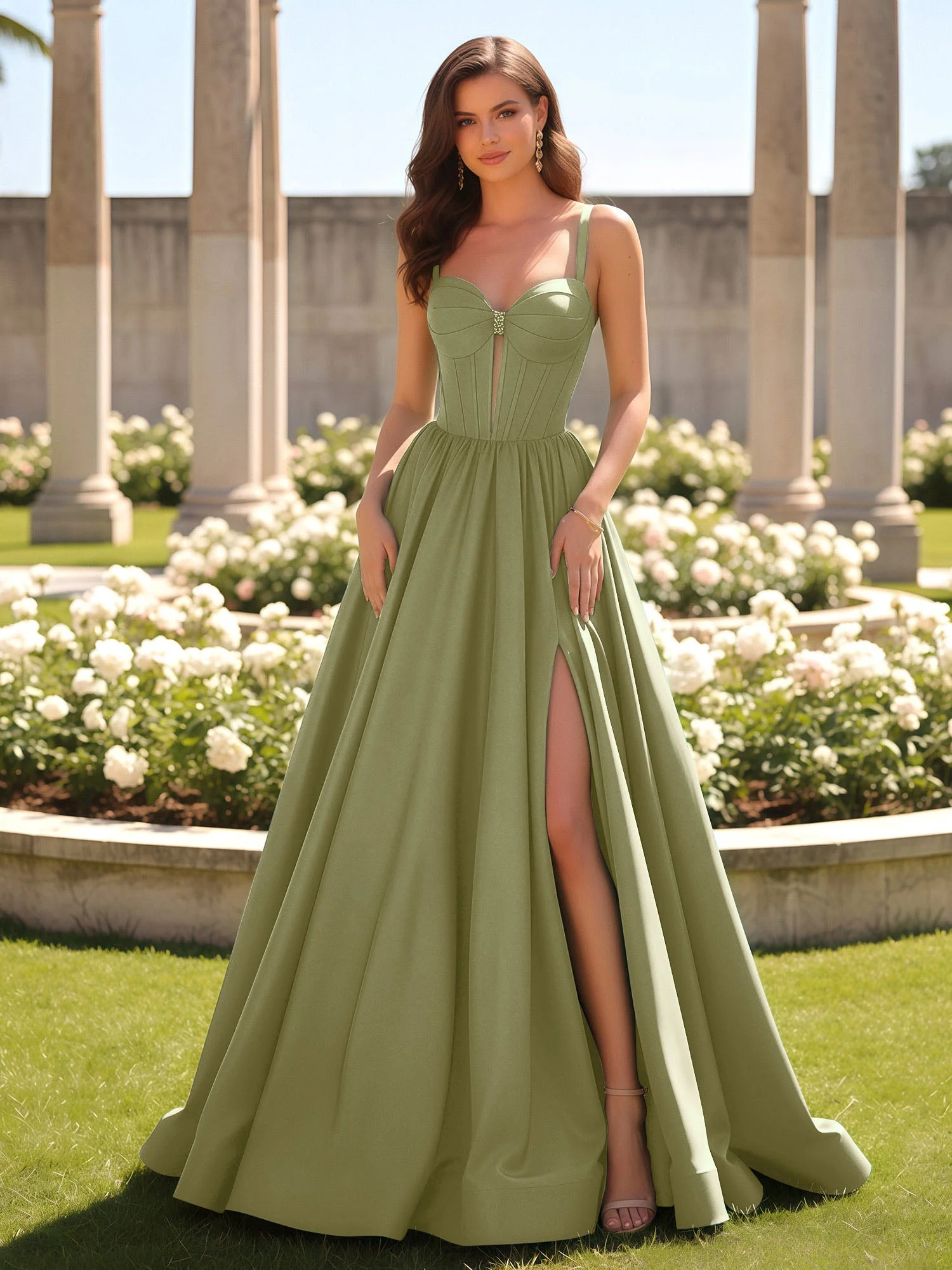 Herzform Cutout A-Linie Gerafft Kleid mit Schlitz Staubiges Salbei