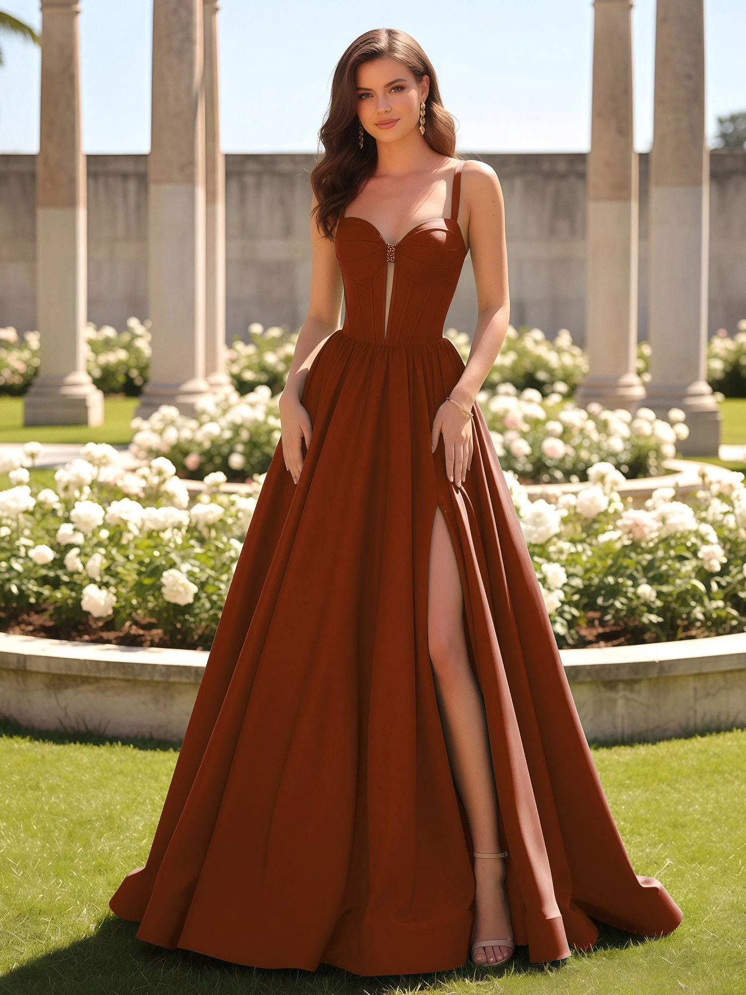 Herzform Cutout A-Linie Gerafft Kleid mit Schlitz Terrakotta