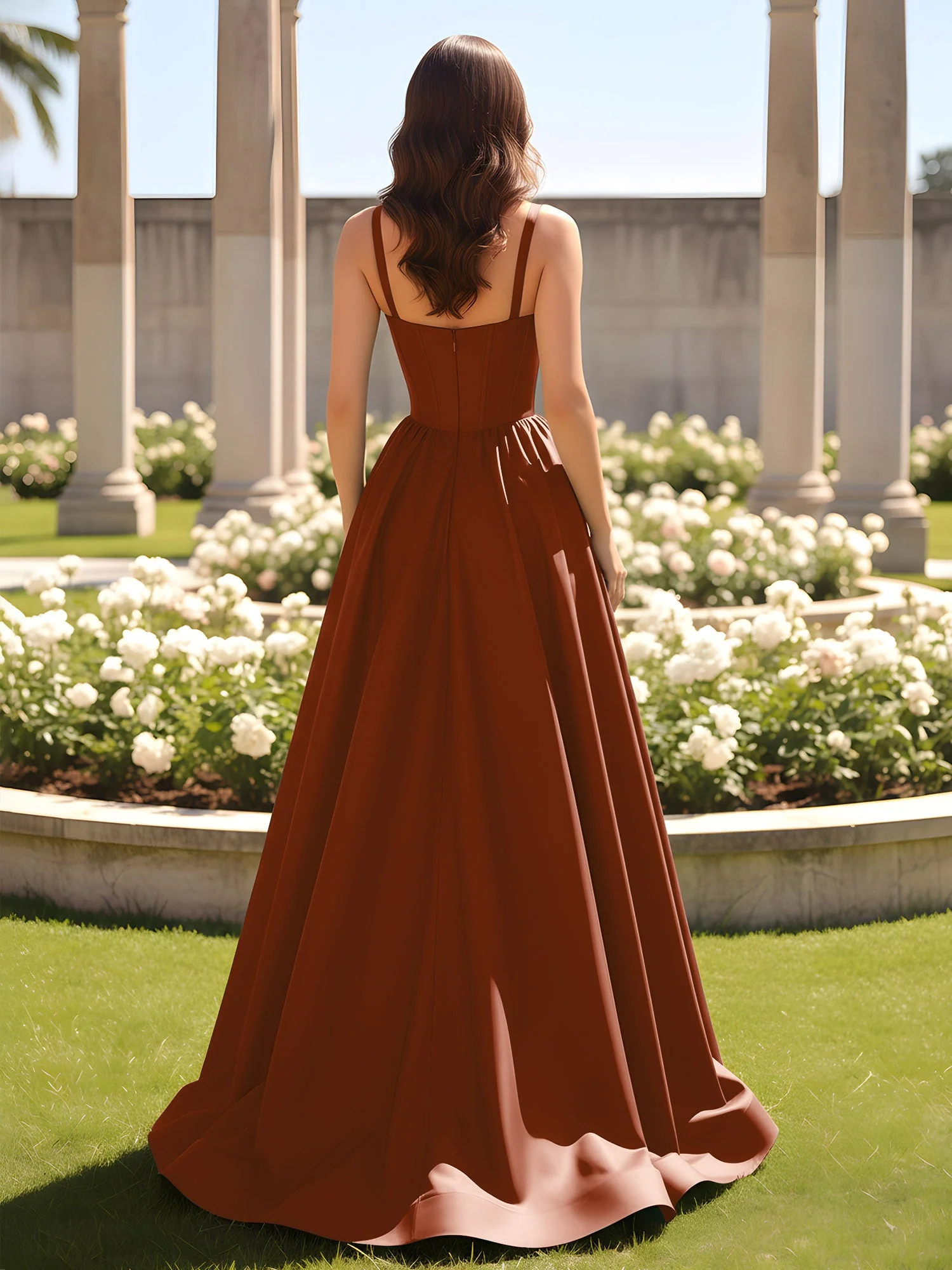 Herzform Cutout A-Linie Gerafft Kleid mit Schlitz Terrakotta - Image 2
