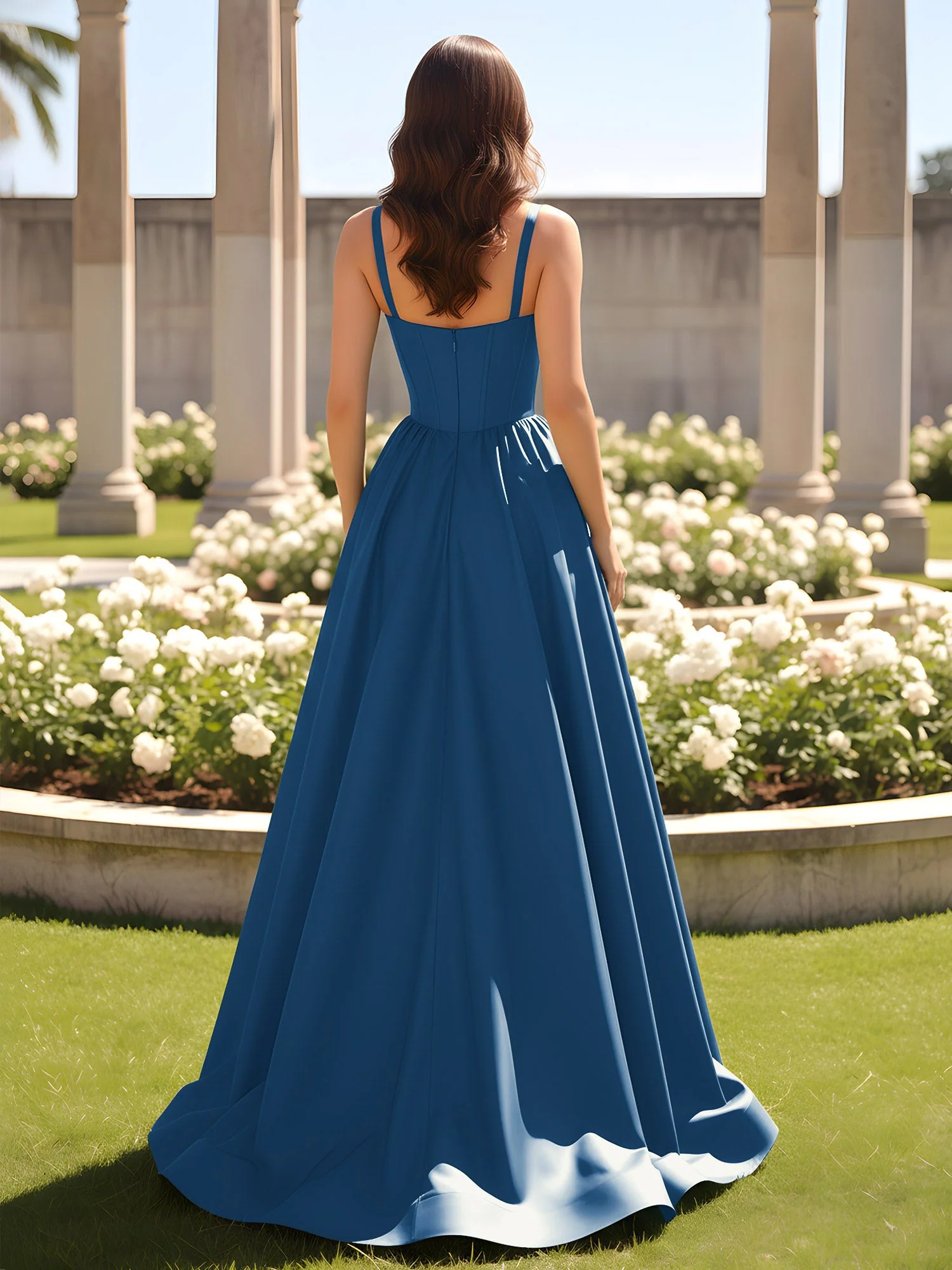 Herzform Cutout A-Linie Gerafft Kleid mit Schlitz Tinte Blau - Image 2