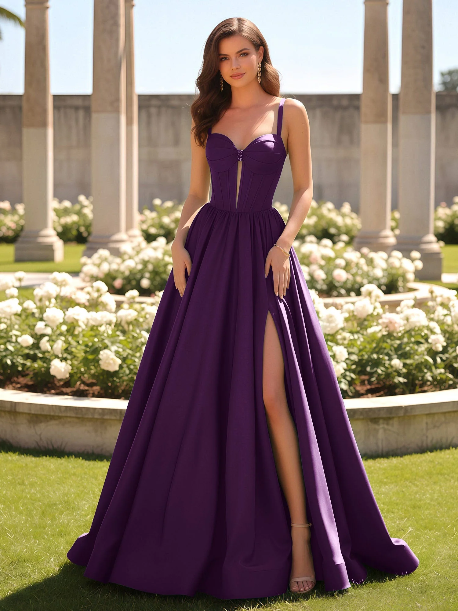 Herzform Cutout A-Linie Gerafft Kleid mit Schlitz Traube