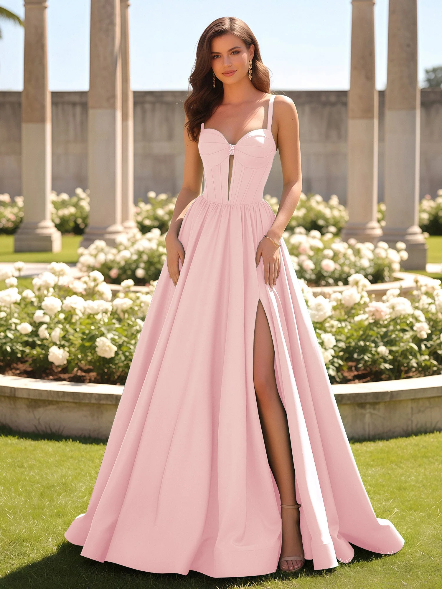 Herzform Cutout A-Linie Gerafft Kleid mit Schlitz Zartrosa