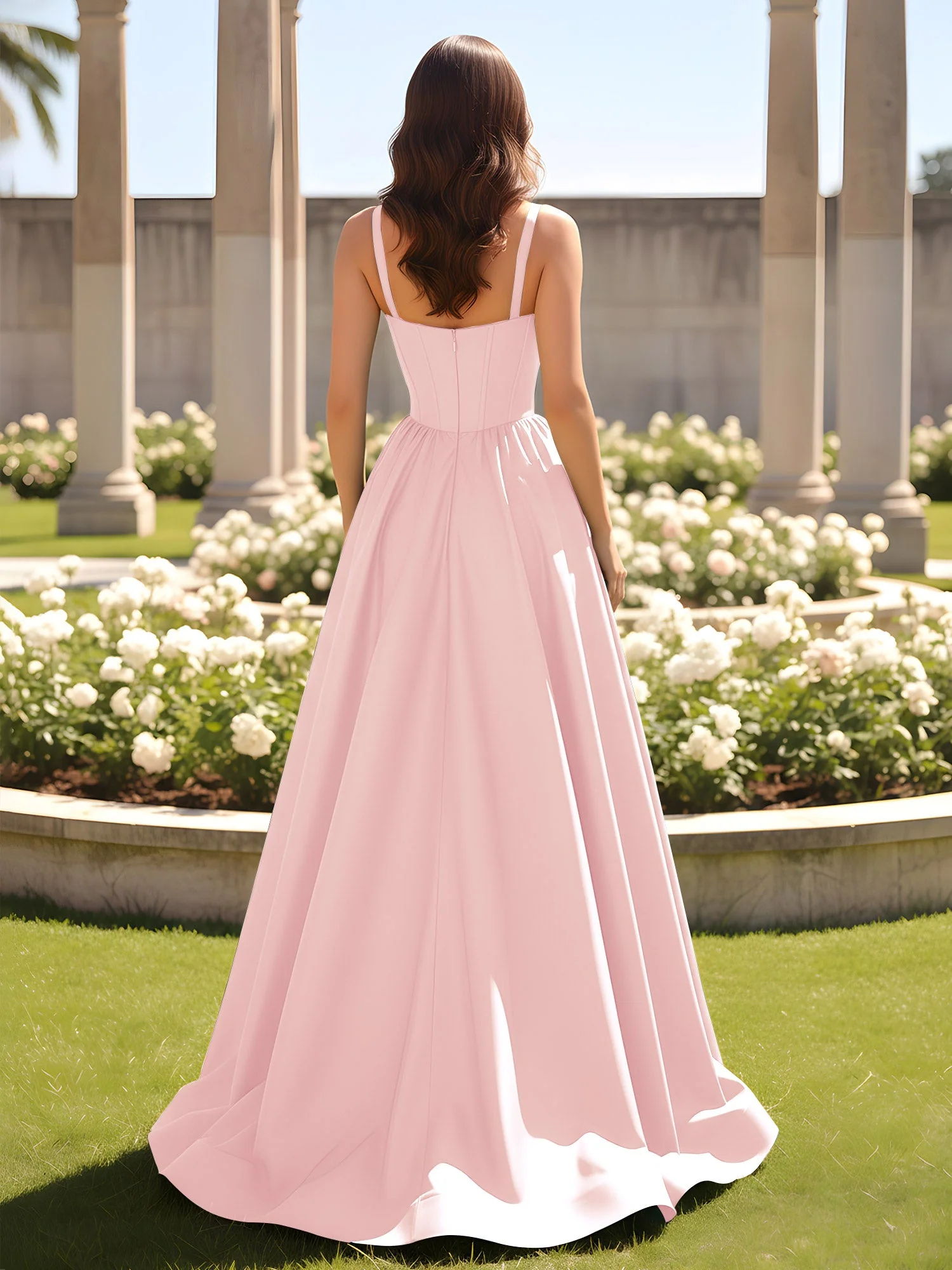 Herzform Cutout A-Linie Gerafft Kleid mit Schlitz Zartrosa - Image 2