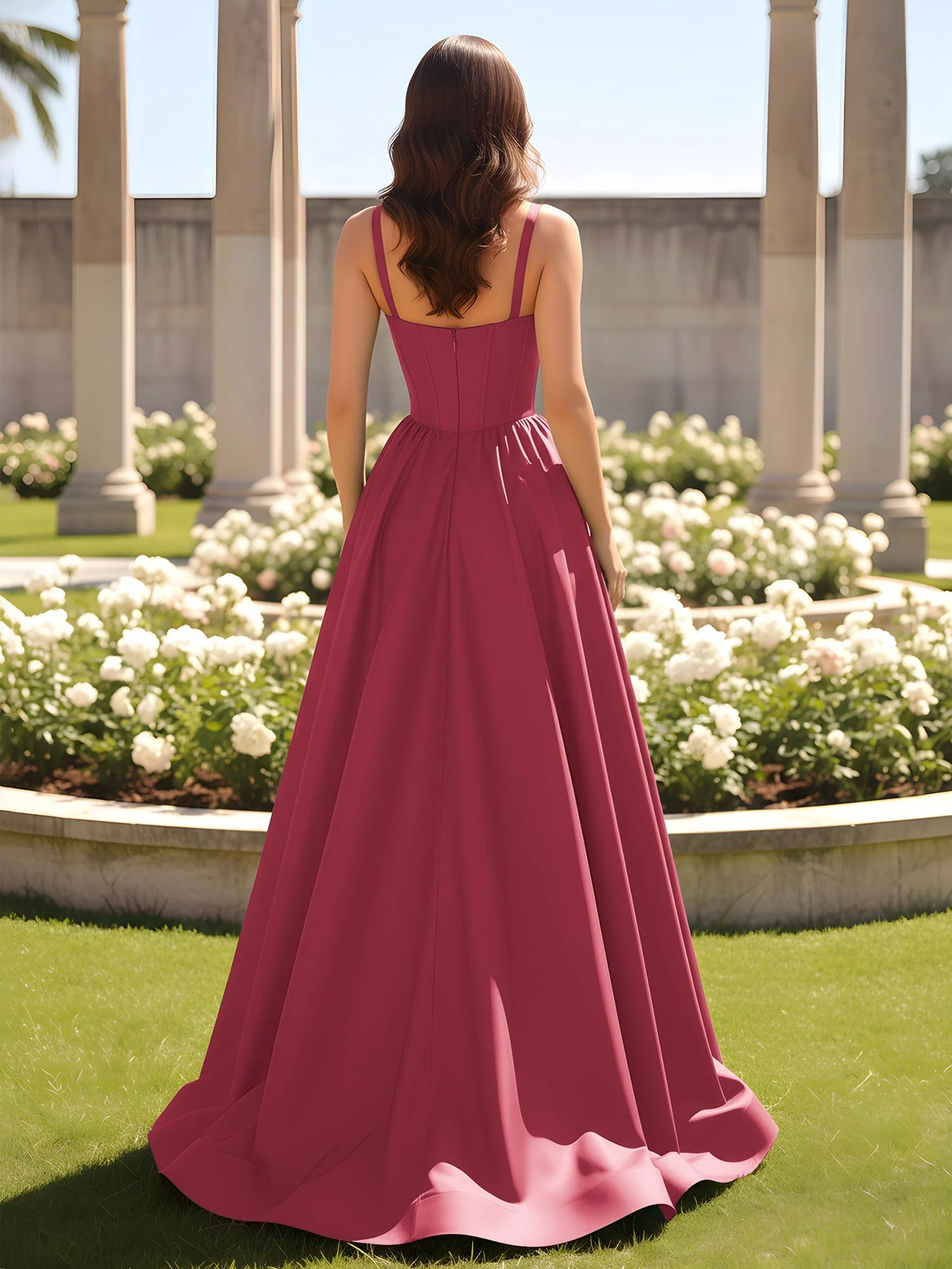 Herzform Cutout A-Linie Gerafft Kleid mit Schlitz Zimtrose - Image 2