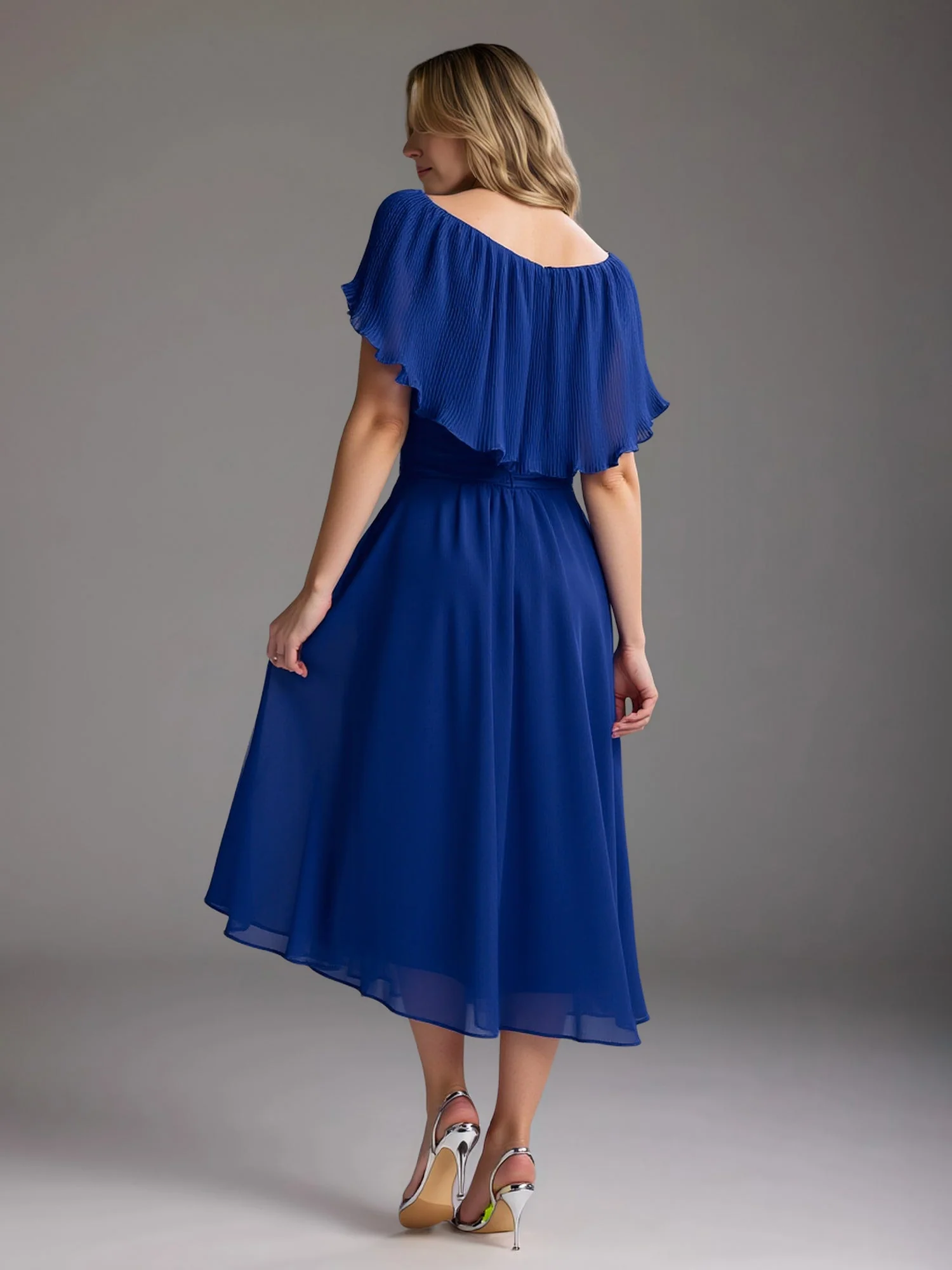 A-Linie Flatterärmel Chiffon Wadenlang Kleid Salbei - Image 2