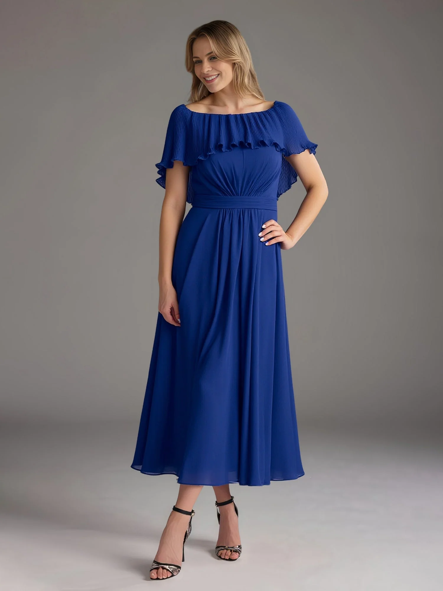 A-Linie Flatterärmel Chiffon Wadenlang Kleid Weiß
